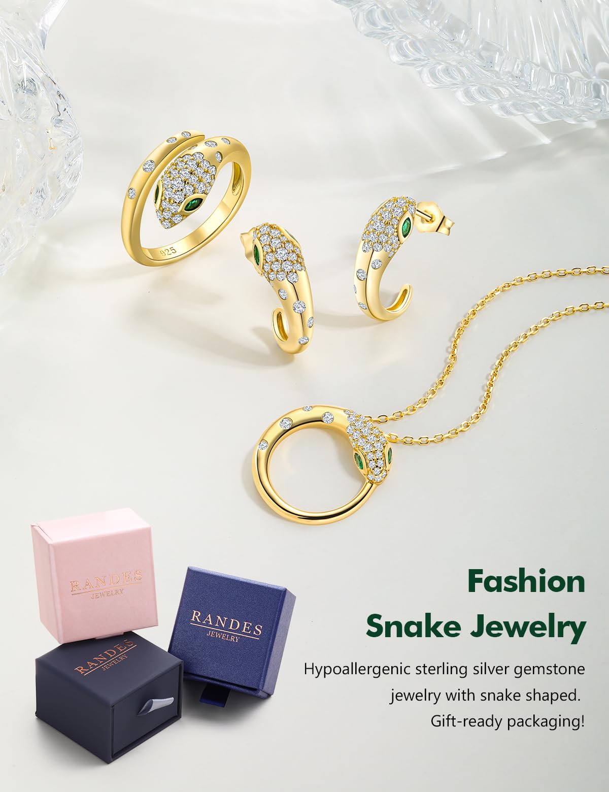 RANDES Snake Ring Sterling Silver Green Emerald Cubic Zirconia Statement Cocktail Rings for Women Men Adjustable Fashion Punk Jewelry Size 10