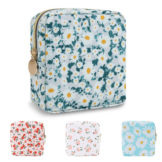 UIXIZQ Waterproof Mini Floral Makeup Bag Pouch for Purse,Nylon Flower Cosmetic Travel Bag Small Preppy Toiletry Organizers Bag for Women Girl,Cute Zipper Pouch Coin Purse for Work(Mini Green-Daisy)