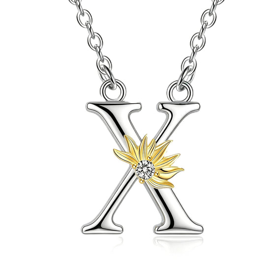 POPLYKE Sunflower Necklace Initial Sunflower Gifts for Women Alphabet Letter Script Name Pendant Chain (Sunflower X)