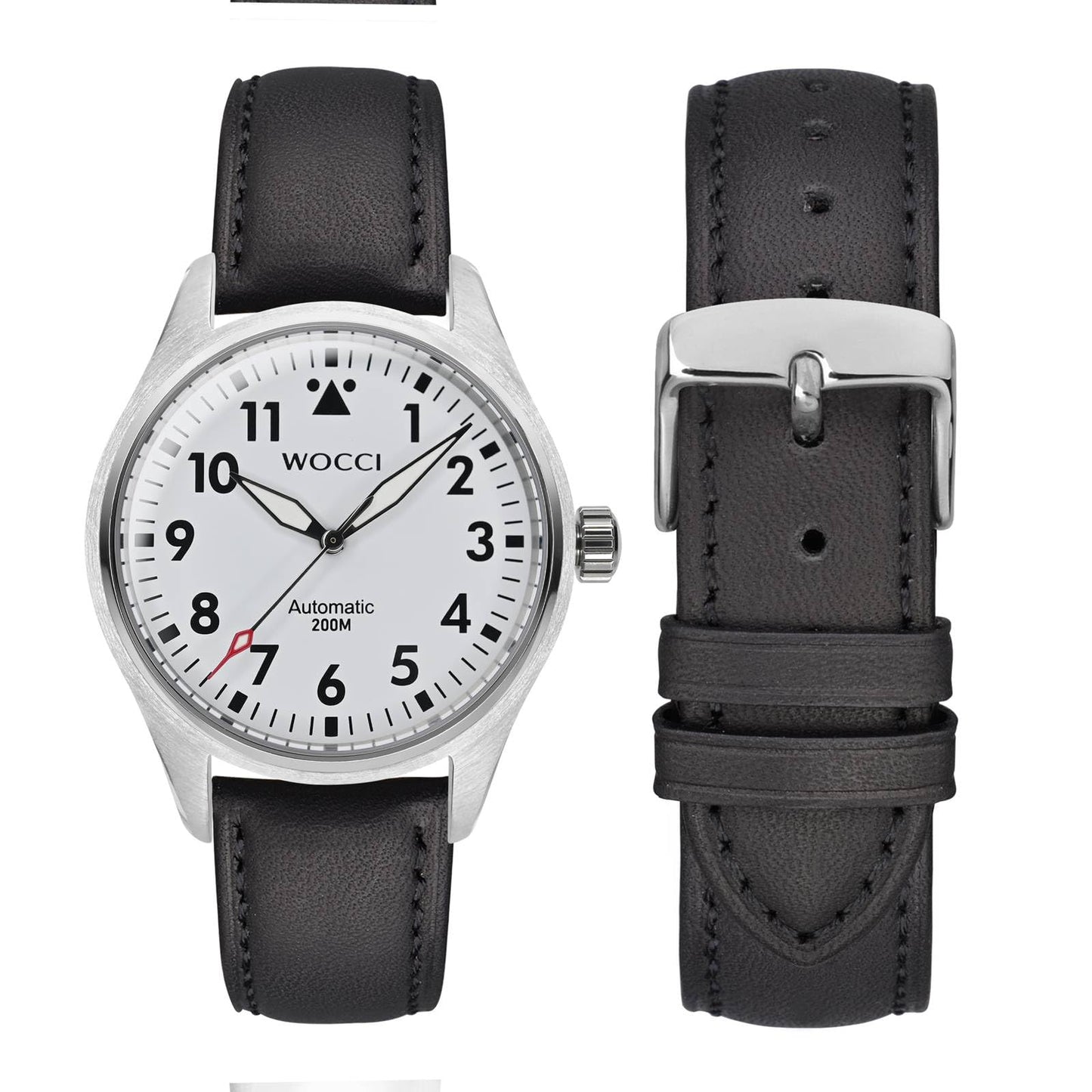 WOCCI 22mm Vintage Leather Watch Band for Men and Women, Silver Buckle (Black)