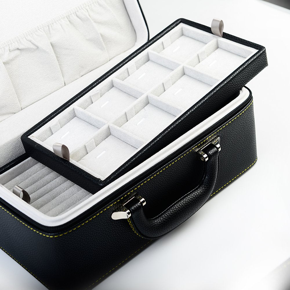 Oirlv Black Leather Jewelry Box Handmade Travel Jewelry Organizer Storage Case Holder For Girl Lady Earring,Ring,Necklace,Pendant,Watch,Bracelet.(3 layers)