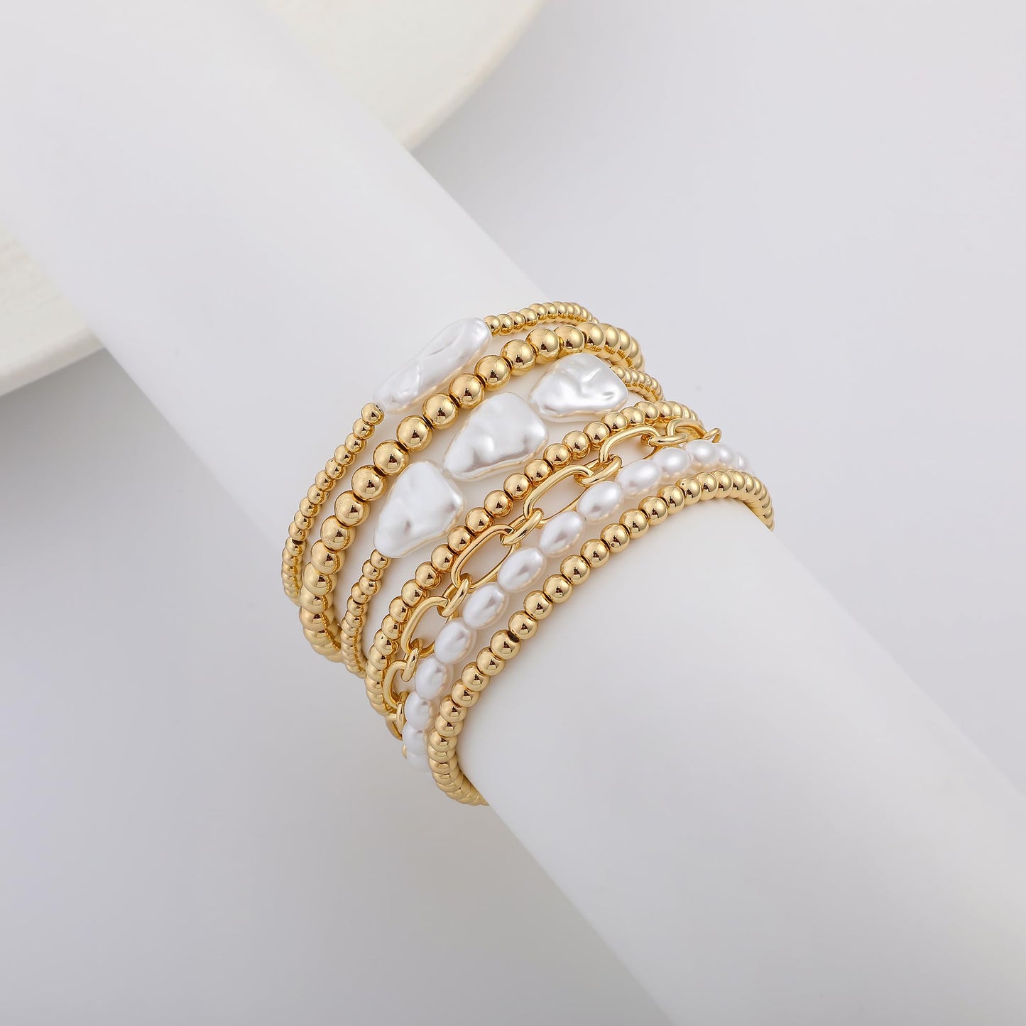 Sajidos Gold Plated Beaded Bracelets for Women Trendy, 14K Gold Plated Stack Cross Pearl Gold Plated Bead Stretch Bracelets Set Elastic Hypoallergenic Bracelets Jewelry Gifts (style11-link)