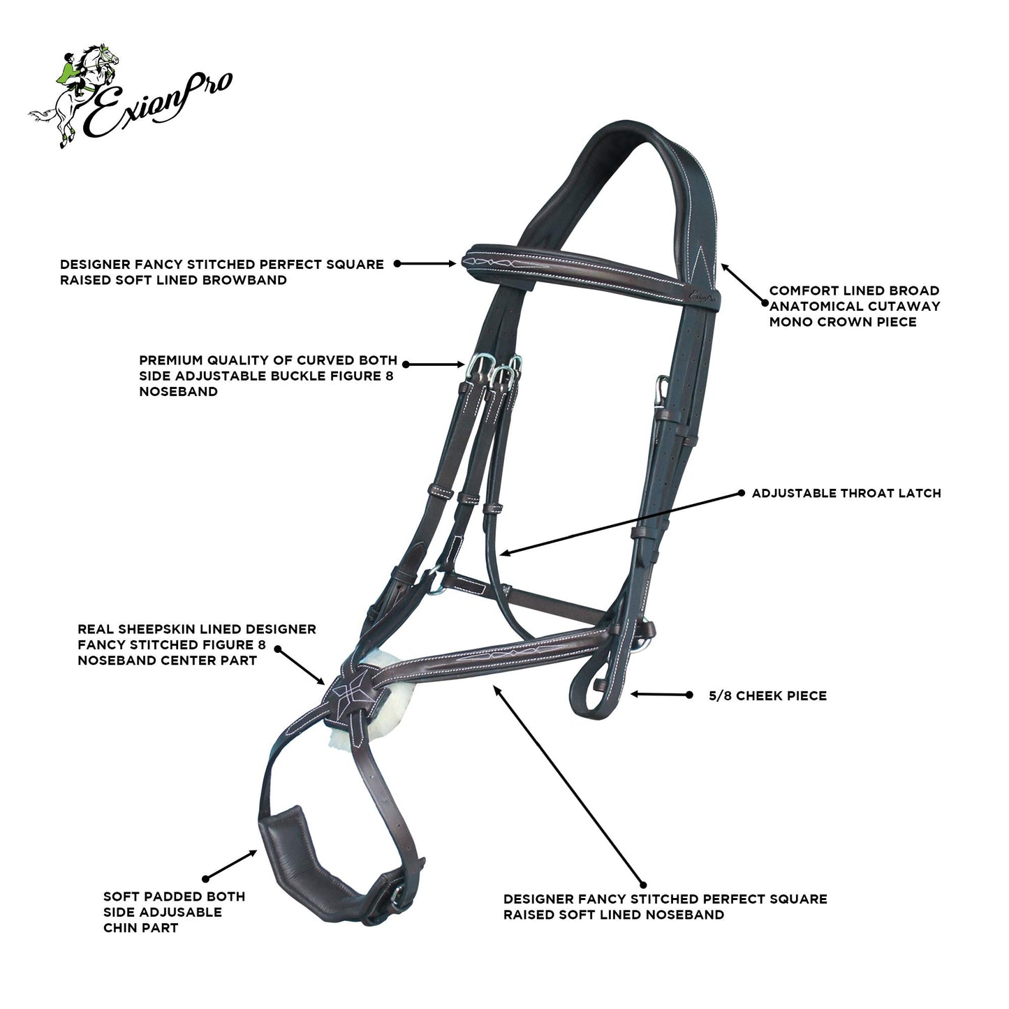 Exion Figure 8 English Jumping Bridle with Soft Padding & Rubber Reins | Anatomical Mono Crown | Grackle Noseband Mexican Bridle with Brass Buckles | Premium Horse Bridle for Jumping & Eventing