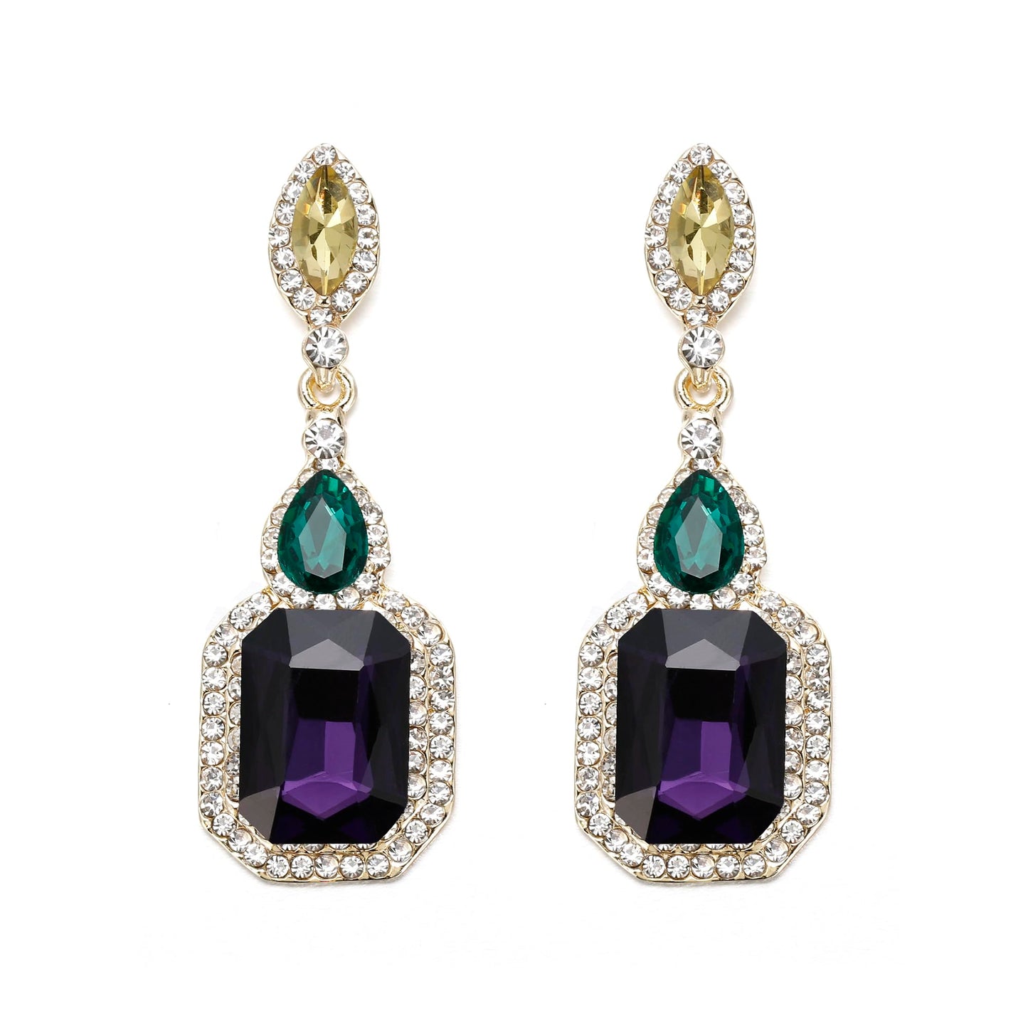 BriLove Wedding Bridal Dangle Earrings for Women Emerald Cut Crystal Infinity Figure 8 Chandelier Earrings Purple Green Yellow Gold-Plated-Base