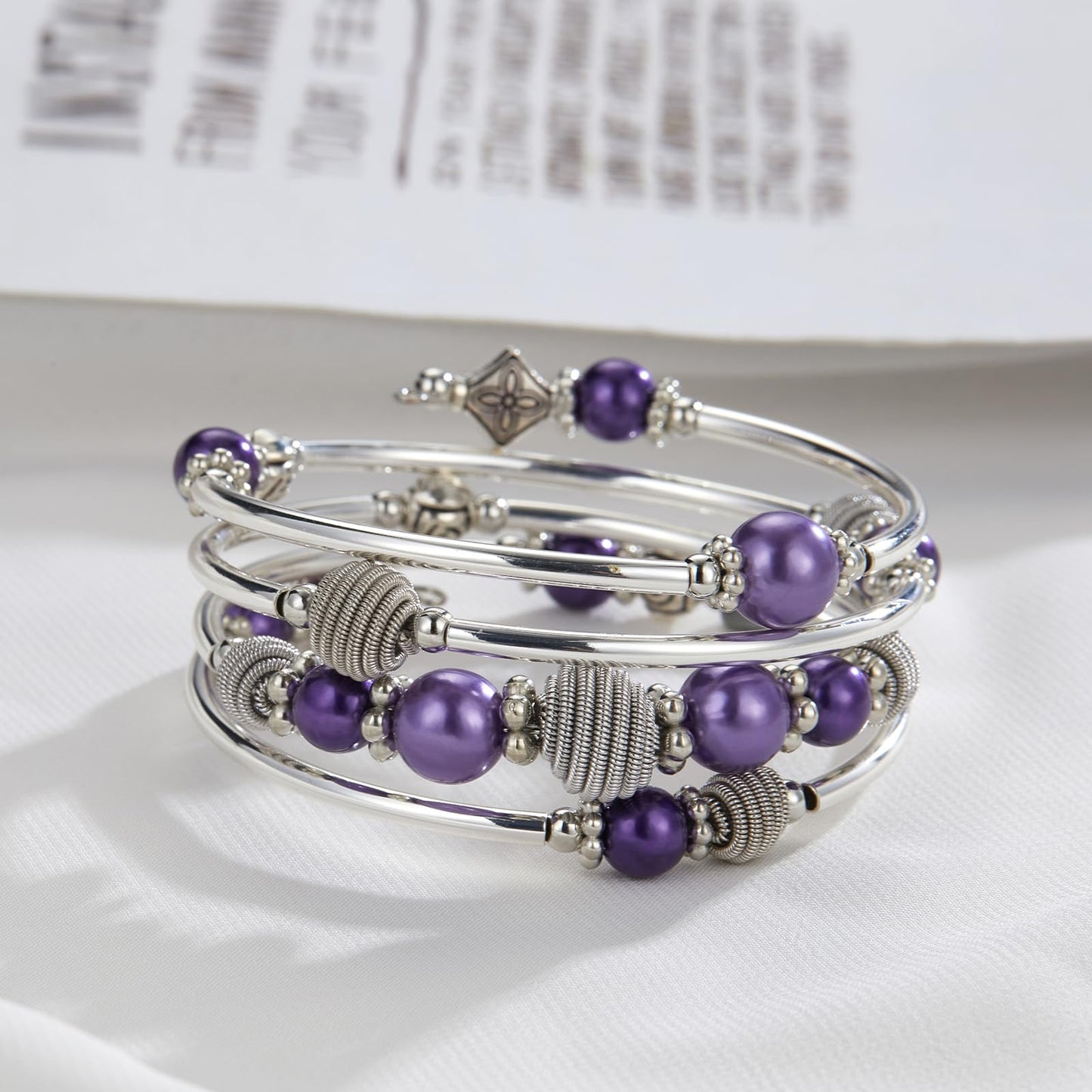 Beaded Chakra Bangle Turquoise Bracelet - Fashion Jewelry Wrap Bracelet with Thick Silver Metal and Mala Beads, Birthday Gifts For Women(Purple pear)