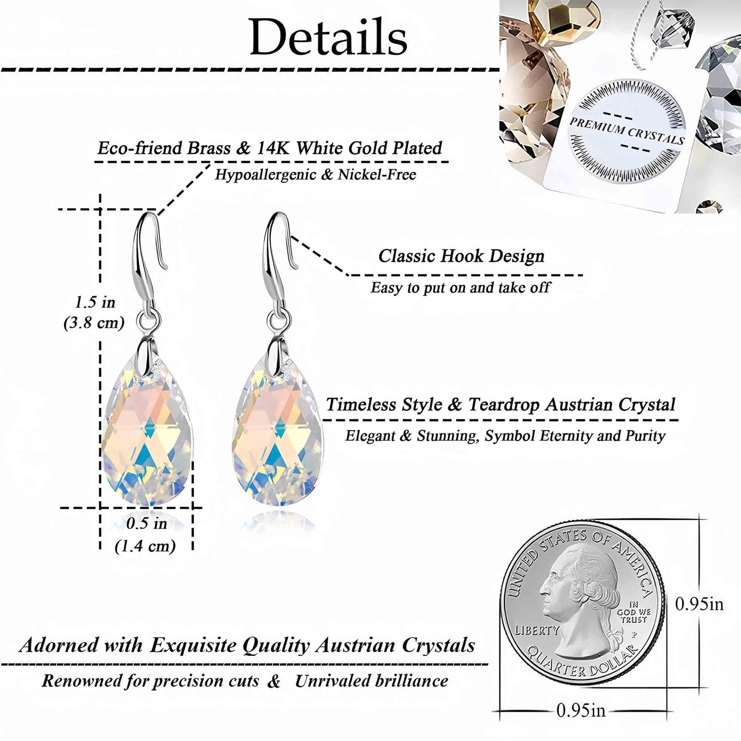 Austrian Crystal Teardrop Dangle Hook Earrings for Women 14K Gold Plated Hypoallergenic Jewelry (Aurora Borealis)