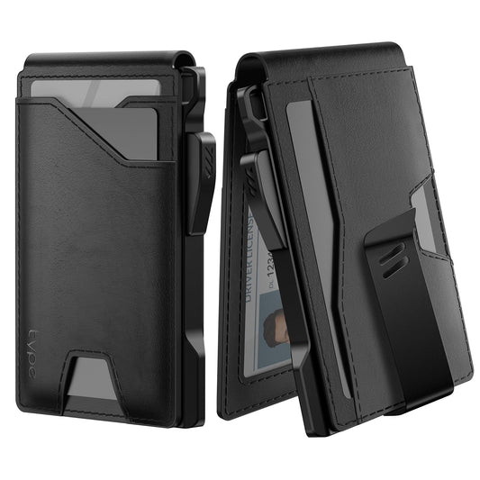 typecase Tactical Wallet for Men Card Holder: Pop Up Card Case, Genuine Leather, Smart, RFID Blocking, Slim, Minimalist, Thin, Front Pocket - 9-13 Card Capacitiy, ID Window, Money Clip (Black)