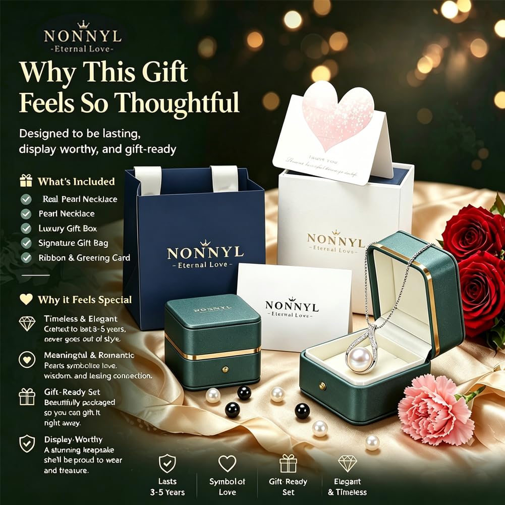NONNYL Gift for Women Wife- Mothers Day Gifts for Mom Her Couples Present Girlfriend, Gift for Wife Birthday Wedding Anniversary Jewelry Christmas Day Valentine's Gifts- Pearl Necklace