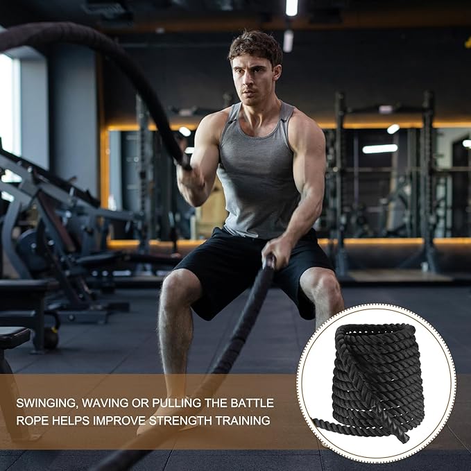 MECCANIXITY Battle Rope 50ft x 1.5 Inch Polyester Workout Rope Heavy Fitness Exercise Rope for Strength Training Home Gym Muscle Building, Black
