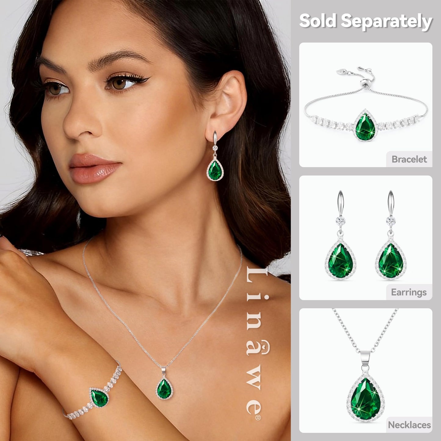 Linawe Silver Emerald Green Earrings, Imitation Diamond Dangle Rhinestone Cubic Zirconia Crystal Drop Earrings for Women, Teardrop Birthstone Drop Earrings, Wedding Jewelry Set