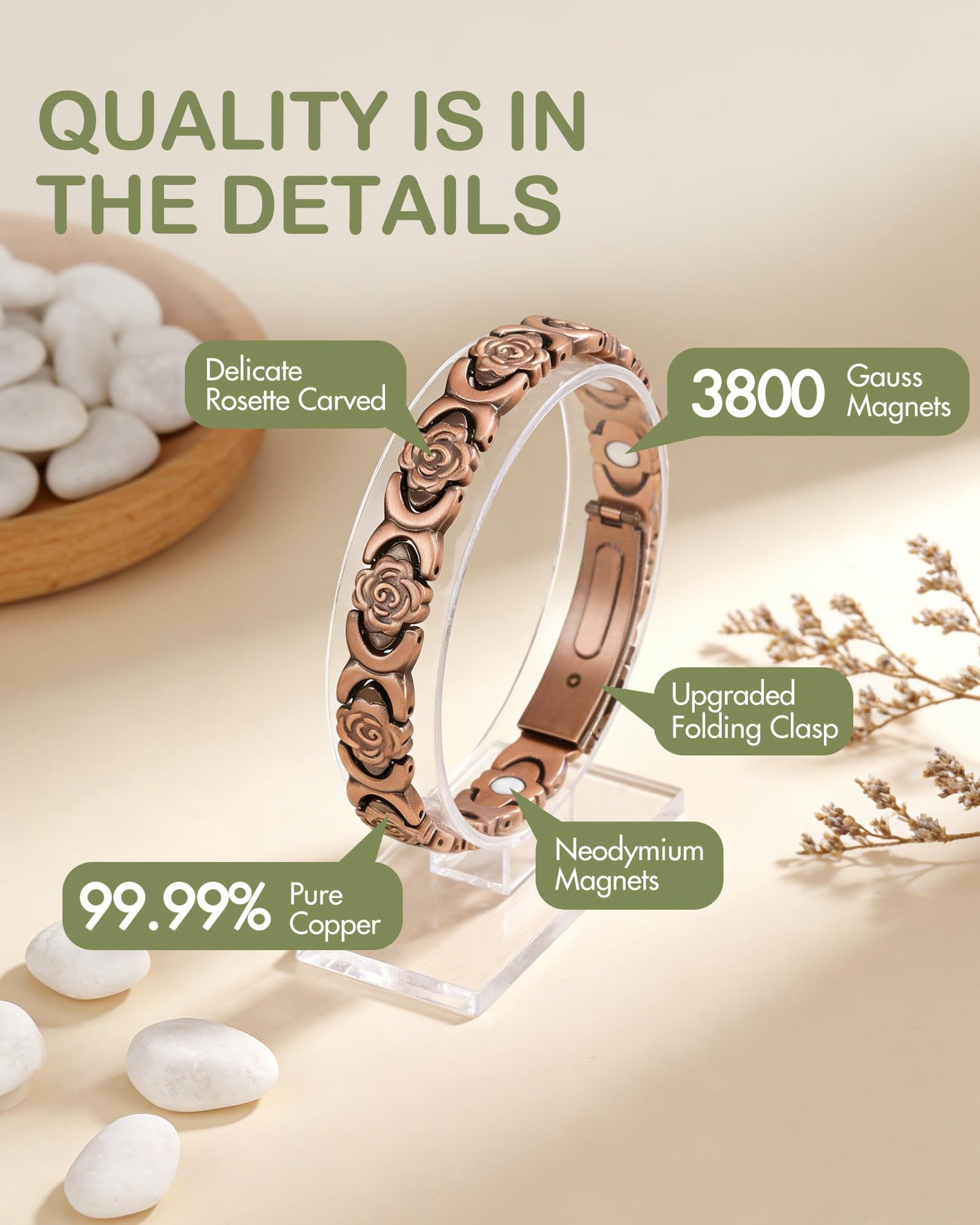 Feraco Pure Copper Bracelets for Women, Ultra Strength Magnetic Bracelet for Women with 3800 Gauss Magnet, Adjustable Flower Real Copper Jewelry Gift with Infinite Rose-Engraved (Copper)