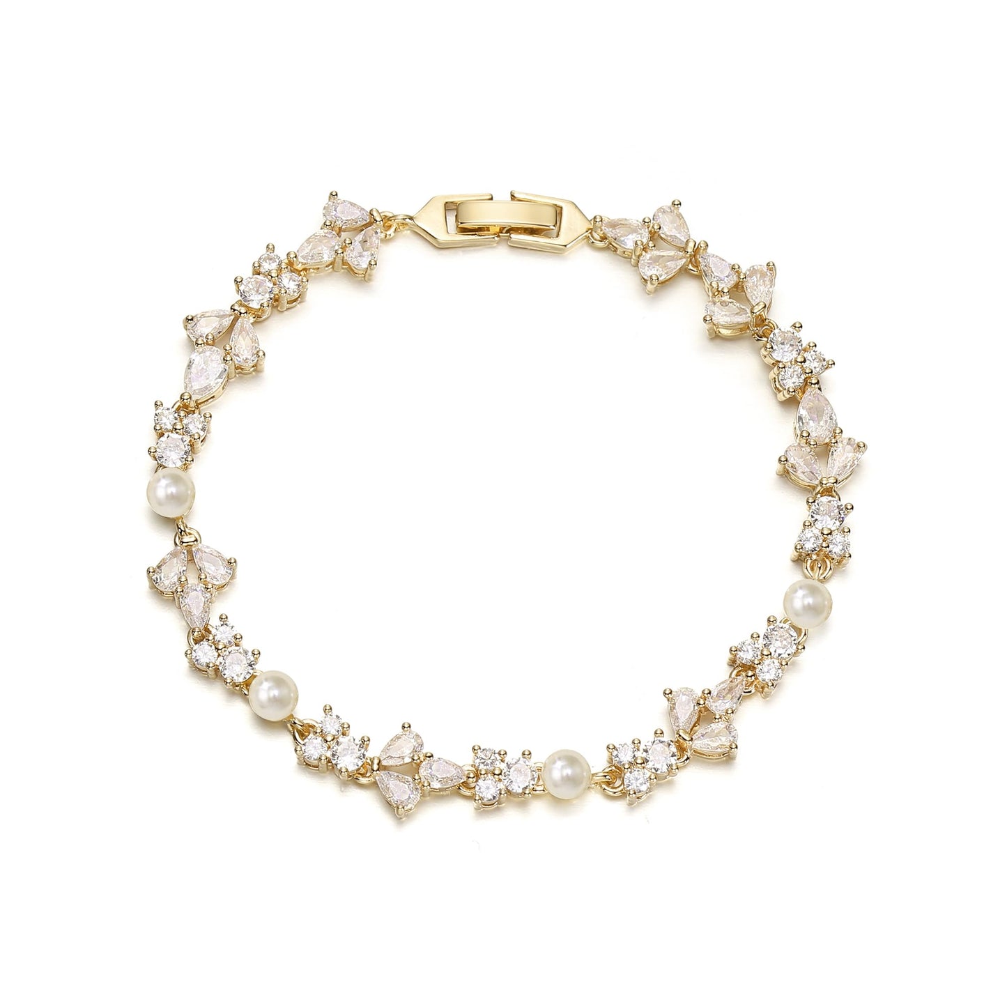 EVER FAITH Faux Pearl Wedding Jewelry Gorgeous Cubic Zirconia Cream Simulated Pearls Bridal Tennis Bracelet for Women Bride Bridesmaid Clear Gold-Tone