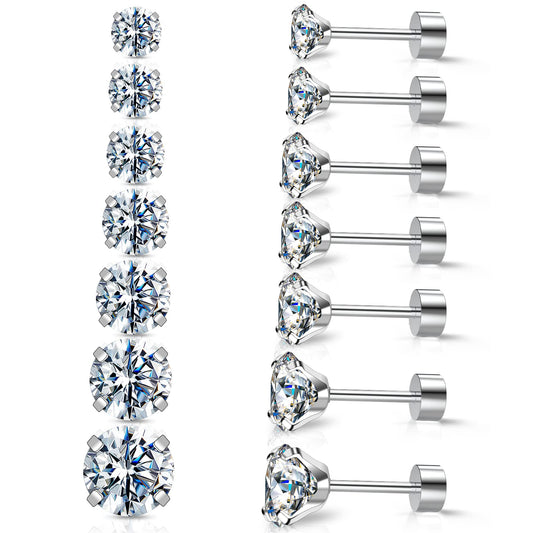Silver Gold Black Stud Earrings Set 7Pairs Hypoallergenic Cubic Zirconia Titanium Stainless Steel Silver Rose Gold Black Cartilage Stud Hoop Earrings Jewelry Sets for Women Men, 2-8mm CZ Stud Earrings