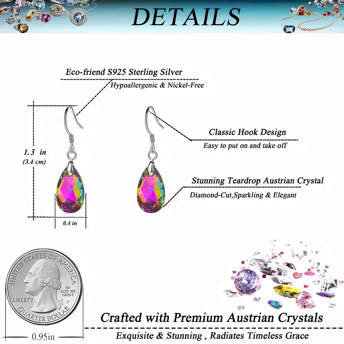 Teardrop Austrian Crystal Drop Dangle Earrings for Women 925 Sterling Silver Hook Hypoallergenic Earring (Vitrail Medium)