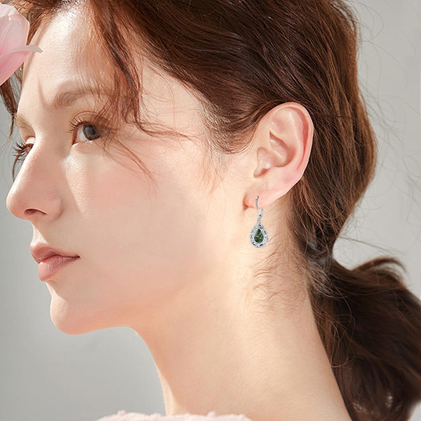 KoyeKei Filigree Moss Agate Leverback Earrings for Women 925 Sterling Silver Moss Agate Teardrop Dangle Drop Earrings Jewelry Filigree Graduation Birthday Gifts for Wife