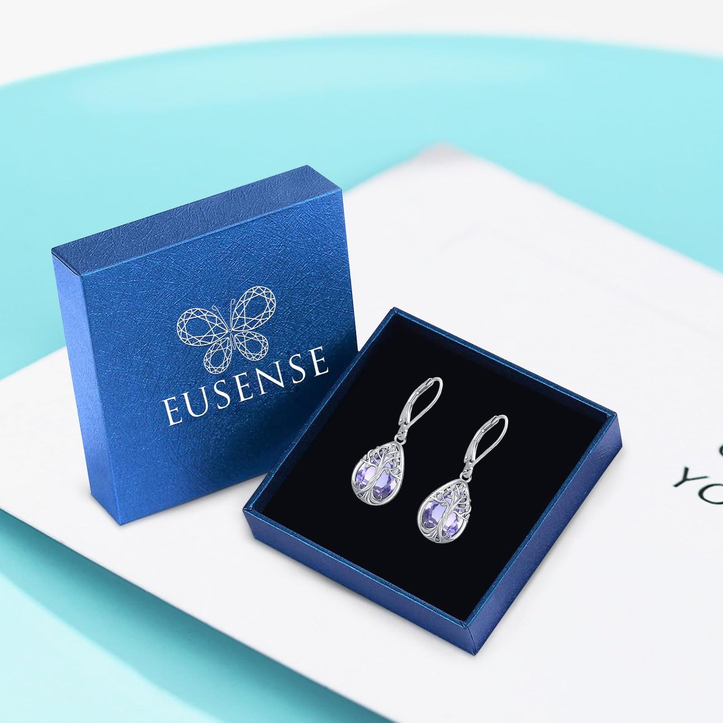 Eusense Tree of Life Earrings 925 Sterling Silver Drop Dangle Earrings with Alexandrite Purple June Birthstone Leverback Tree of Life Jewelry Gift for Women