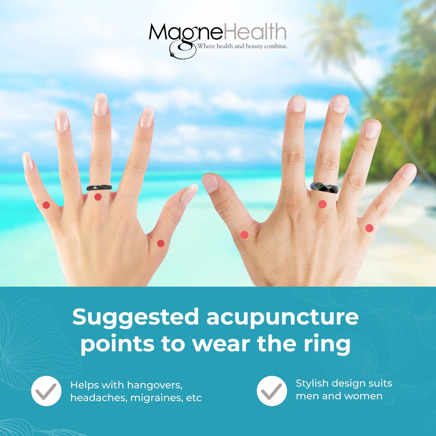 MAGNEHEALTH - Black - Size 10 - Thin Beveled Magnetic Hematite Ring for Women, Absorbs Negative Energy, Magnetic Acupuncture Ring