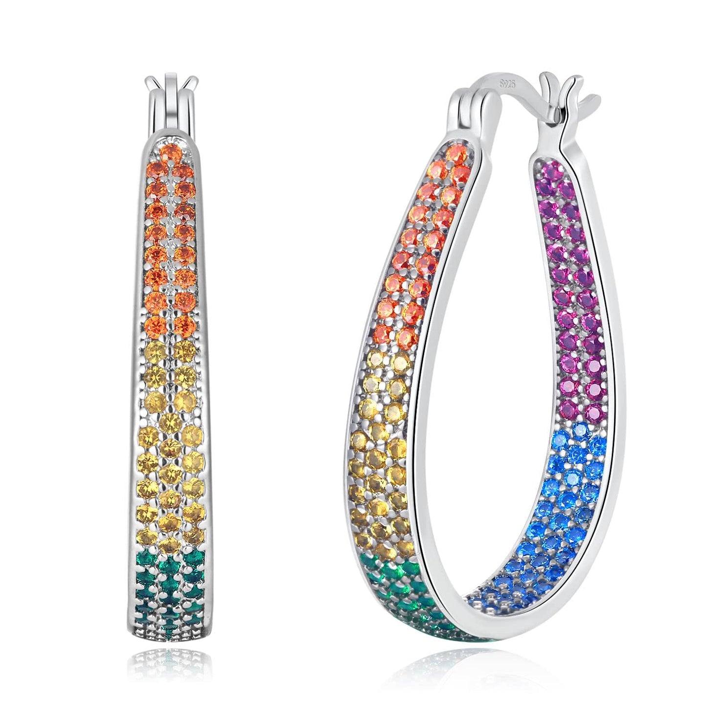 CiNily 925 Sterling Silver Post Hoop Earrings for Women 14K White Gold Plated Multcolors Cubic Zirconia Hoop Earrings Gemstone Hoops Oval Chunky Earrings Jewelry
