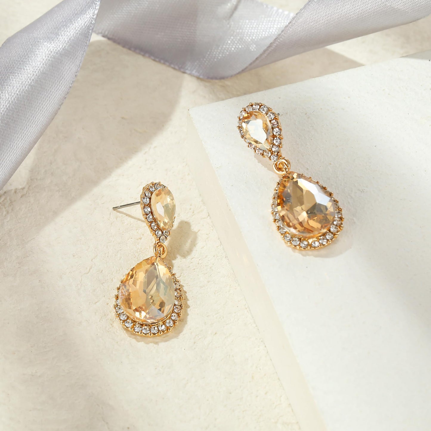 EVER FAITH Austrian Crystal Costume Party Dangle Earrings, Champagne Rhinestone Elegant Bridal Waterdrop Pierced Earrings for Women Bridesmaid