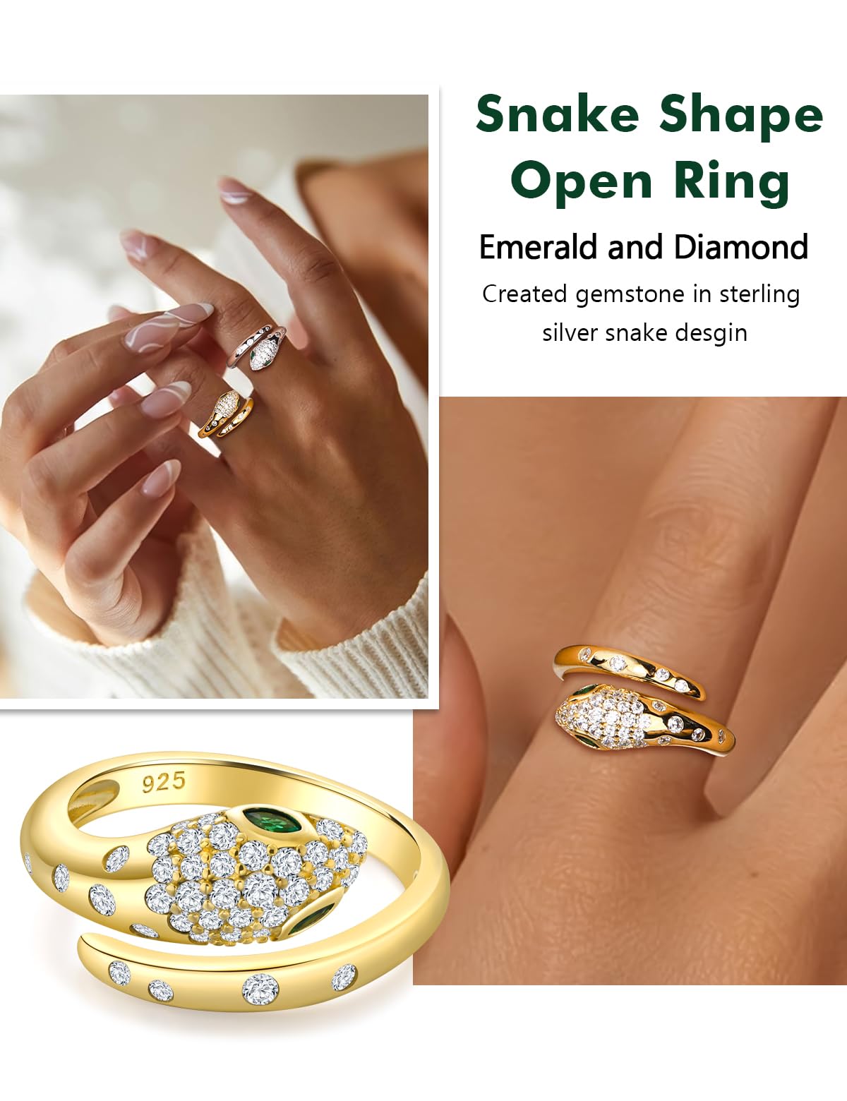 RANDES Fashion Snake Statement Ring Gold Plated Cocktail Rings for Women Sterling Silver Punk Jewelry Created Emerald Diamond Snake Rings Size 9