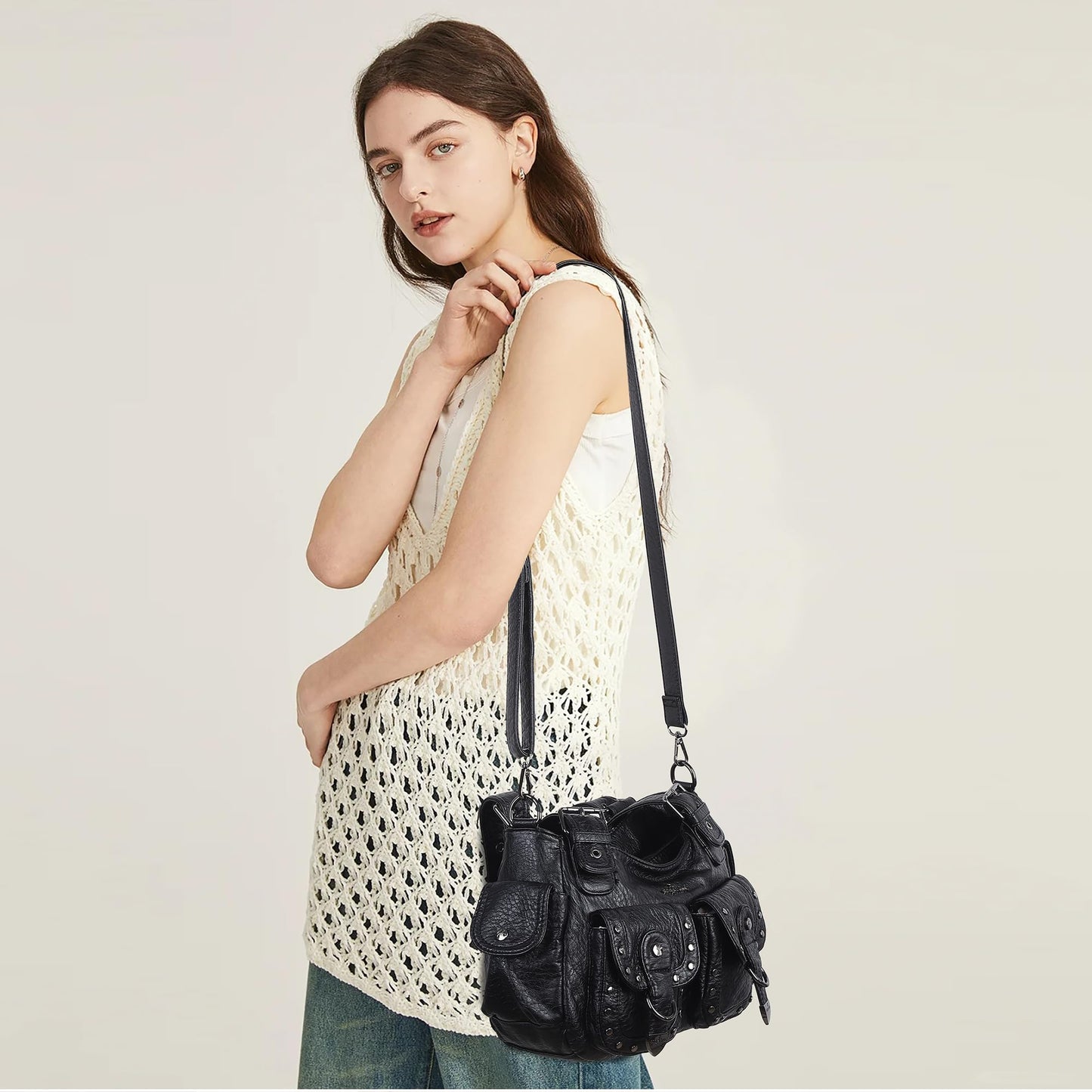 Angel Kiss Hobo Bags For Women Puses and Handbags Multi Pocket Studded Shoulder Bag Y2K Tote Bag