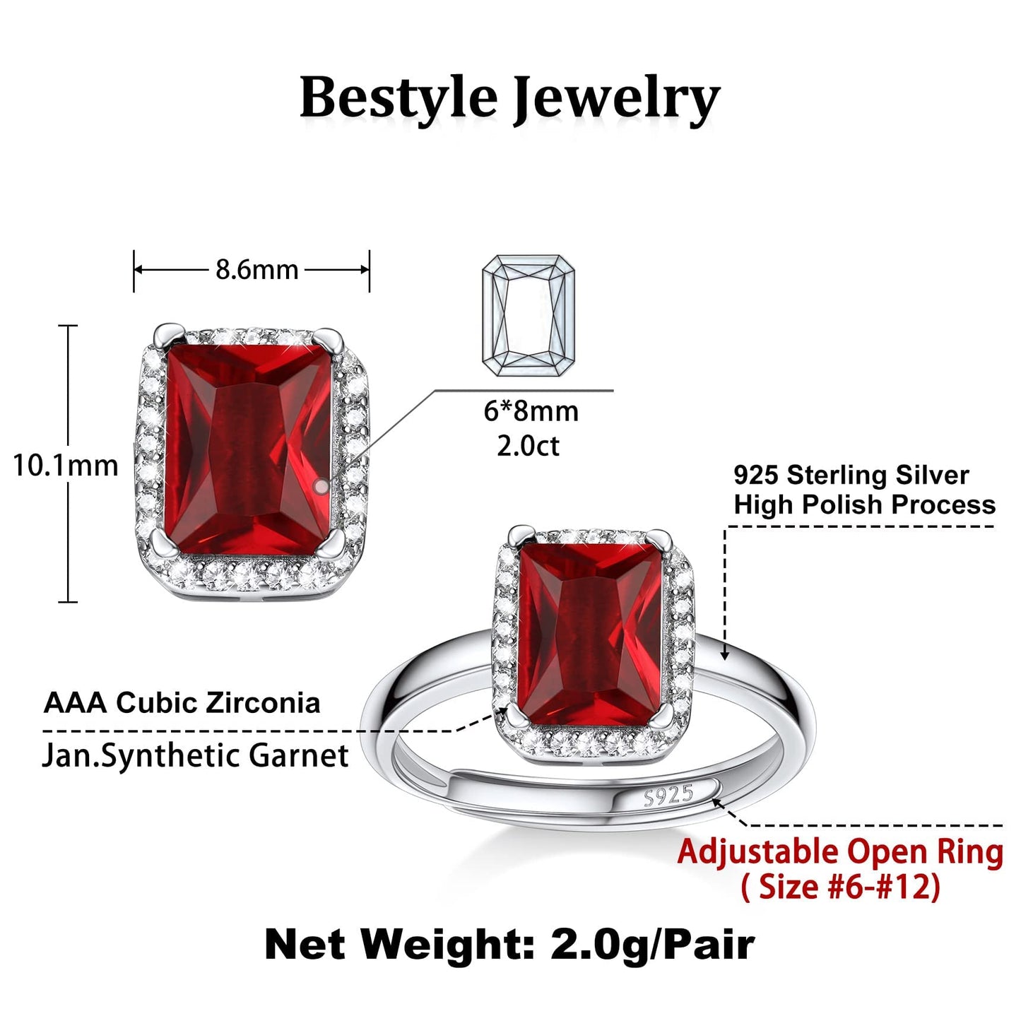 Bestyle 925 Sterling Silver Created Diamond Rings Square Crytsal Rings for Women, 8mm January Granet Birthstone Gemstone Rings Illuminated by 1mm White Cubic Zirconia