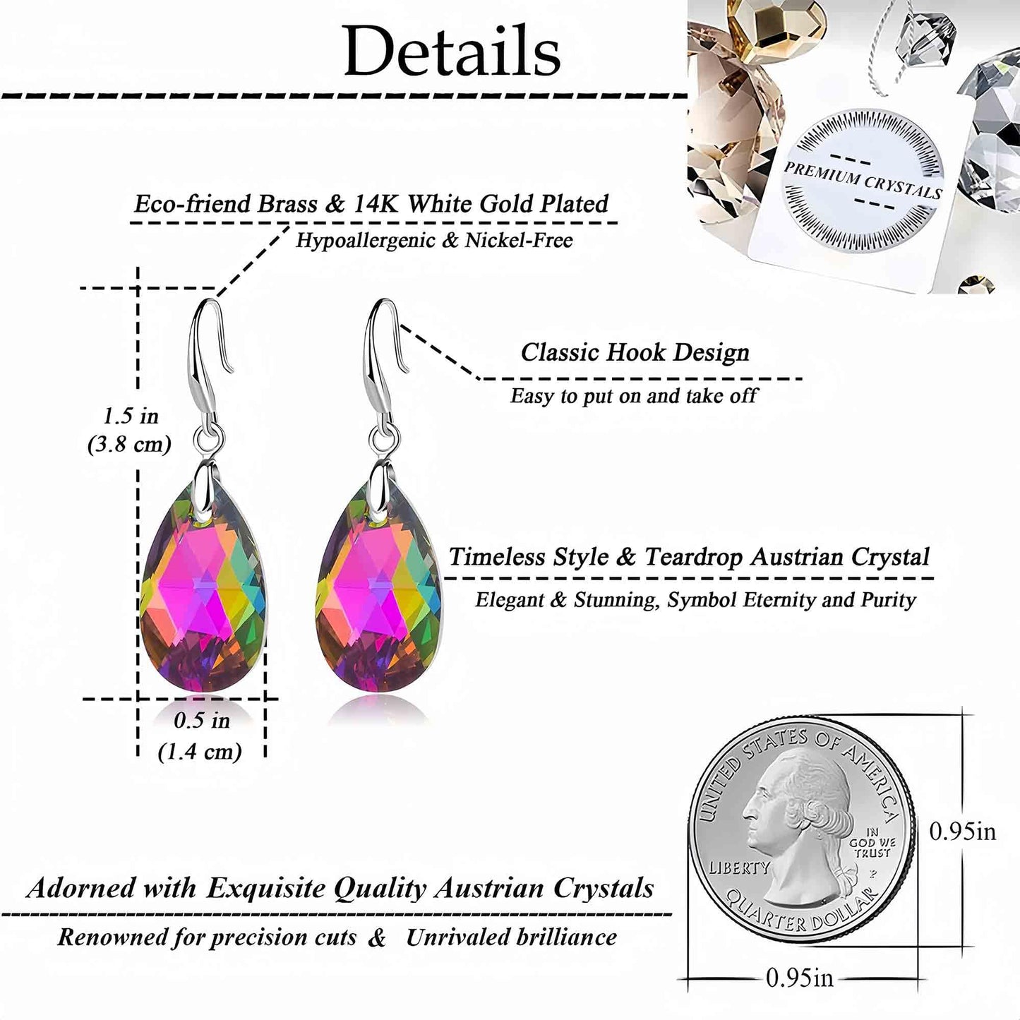 Austrian Crystal Teardrop Dangle Hook Earrings for Women 14K Gold Plated Hypoallergenic Jewelry (Vitrail Medium)