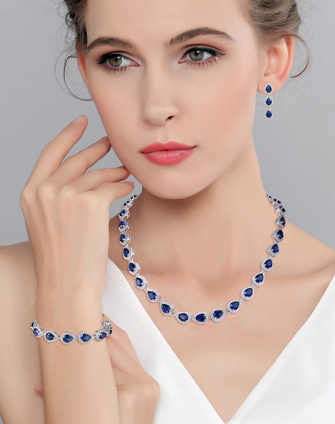 EVER FAITH Elegant CZ September Birthstone Teardrop Necklace Bracelet Earrings Set Blue Sapphire-Color