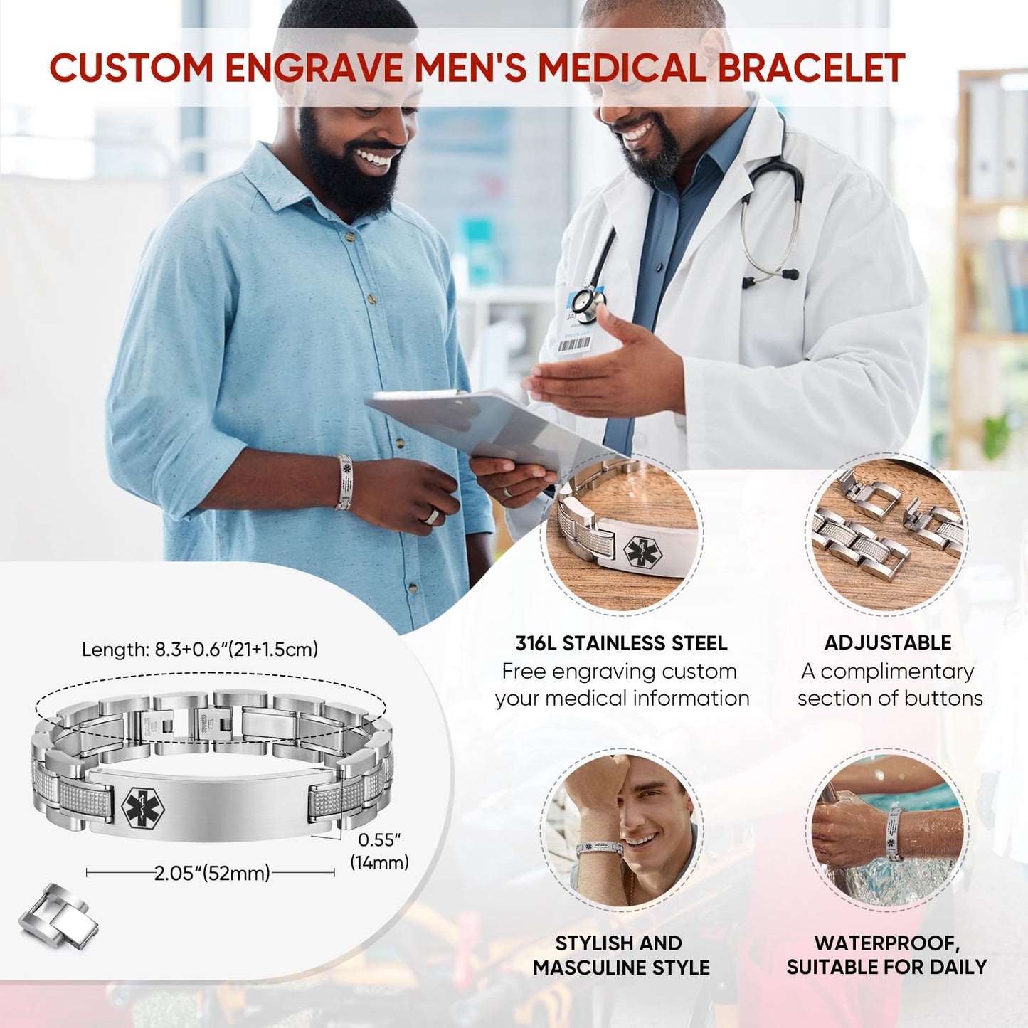 Free Custom Engraving Medical ID Bracelet Heavy Masculine Elaborate Men's Medical Alert Bracelet Wristband Jewelry for Dad Customizable & Waterproof,Silver