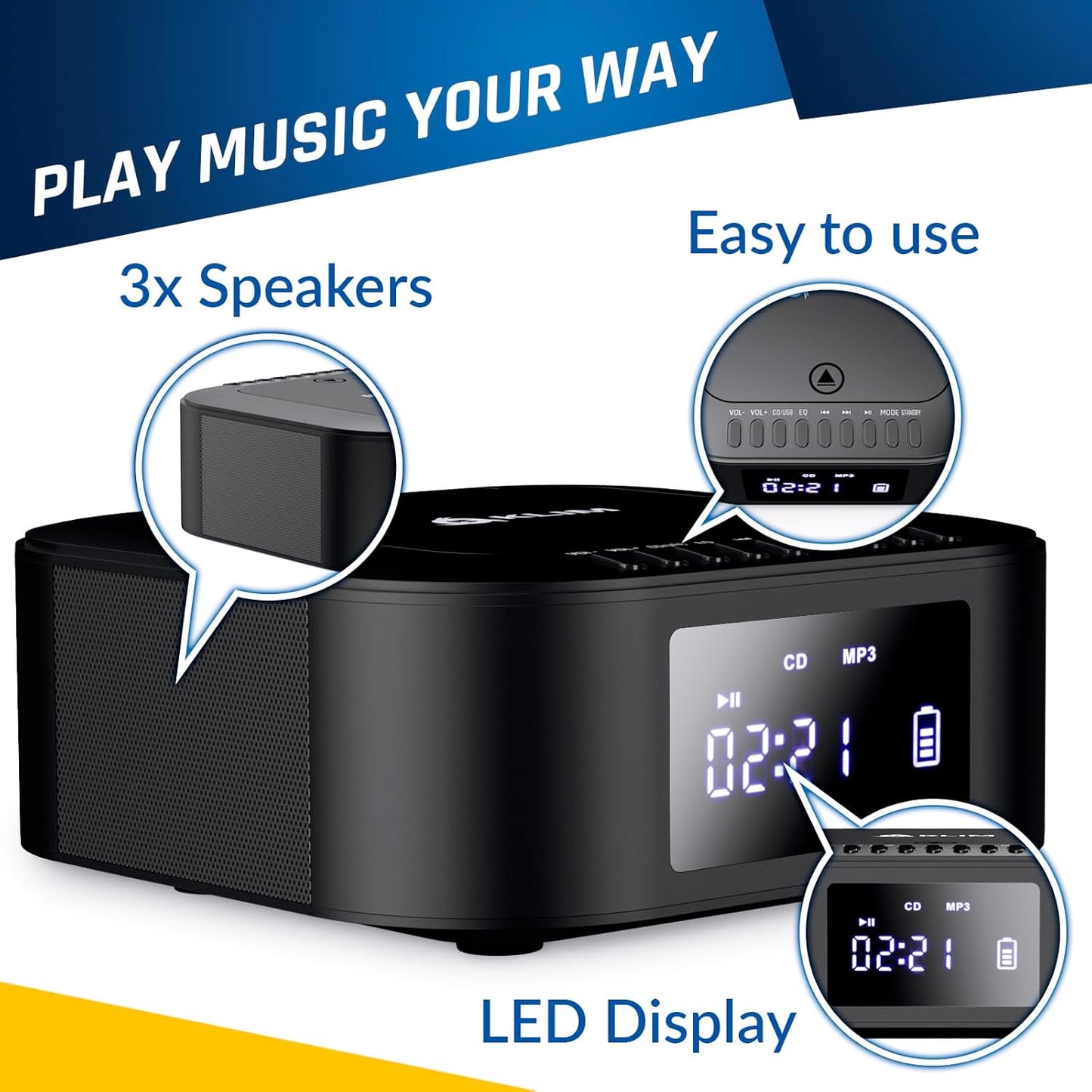 KLIM E1 MP3 Boombox - CD Player Portable Audio System + Extra BASS with Subwoofer + FM Radio, CD Bluetooth AUX USB +