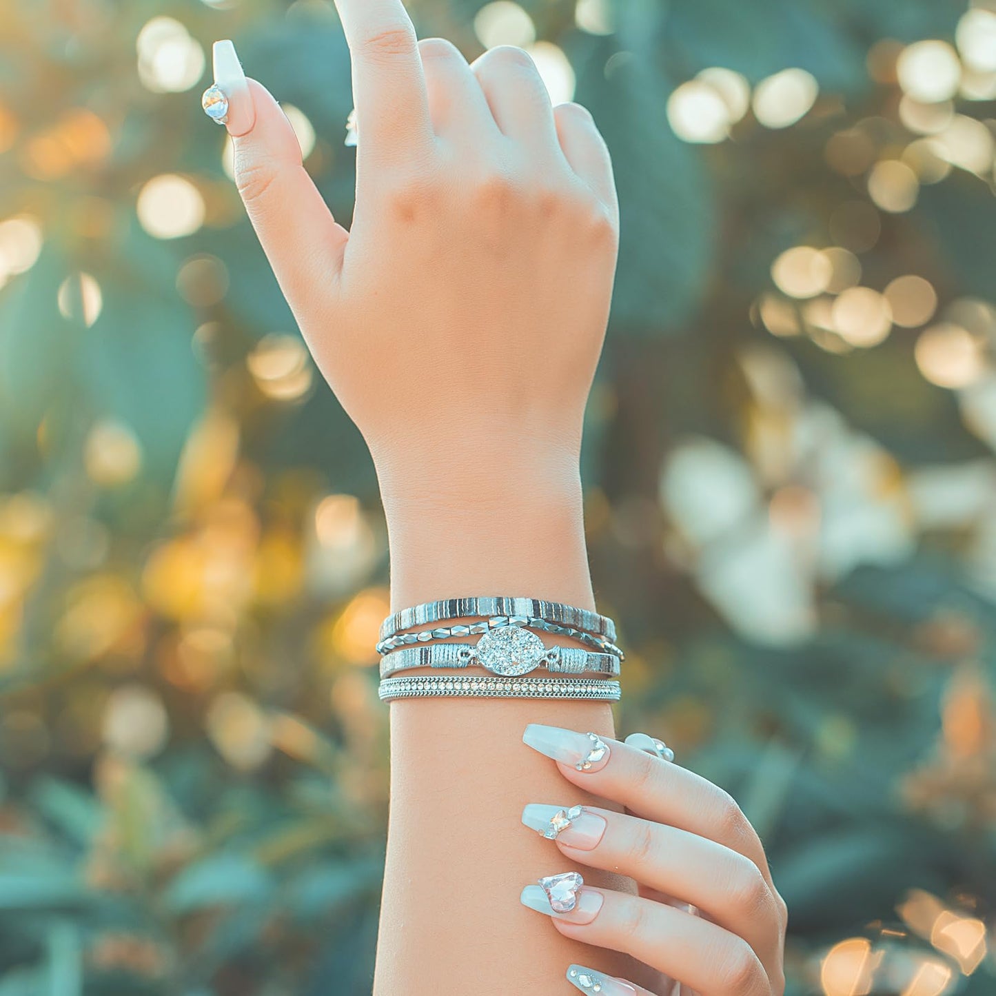 FANCY SHINY Boho Leather Wrap Bracelet Stackable Chunky Crystal Cuff Bracelets with Magnetic Clasp Cowboy Cowgirl Western Summer Beach Outfits Jewelry Gifts for Women (7.7", Boho Grey)