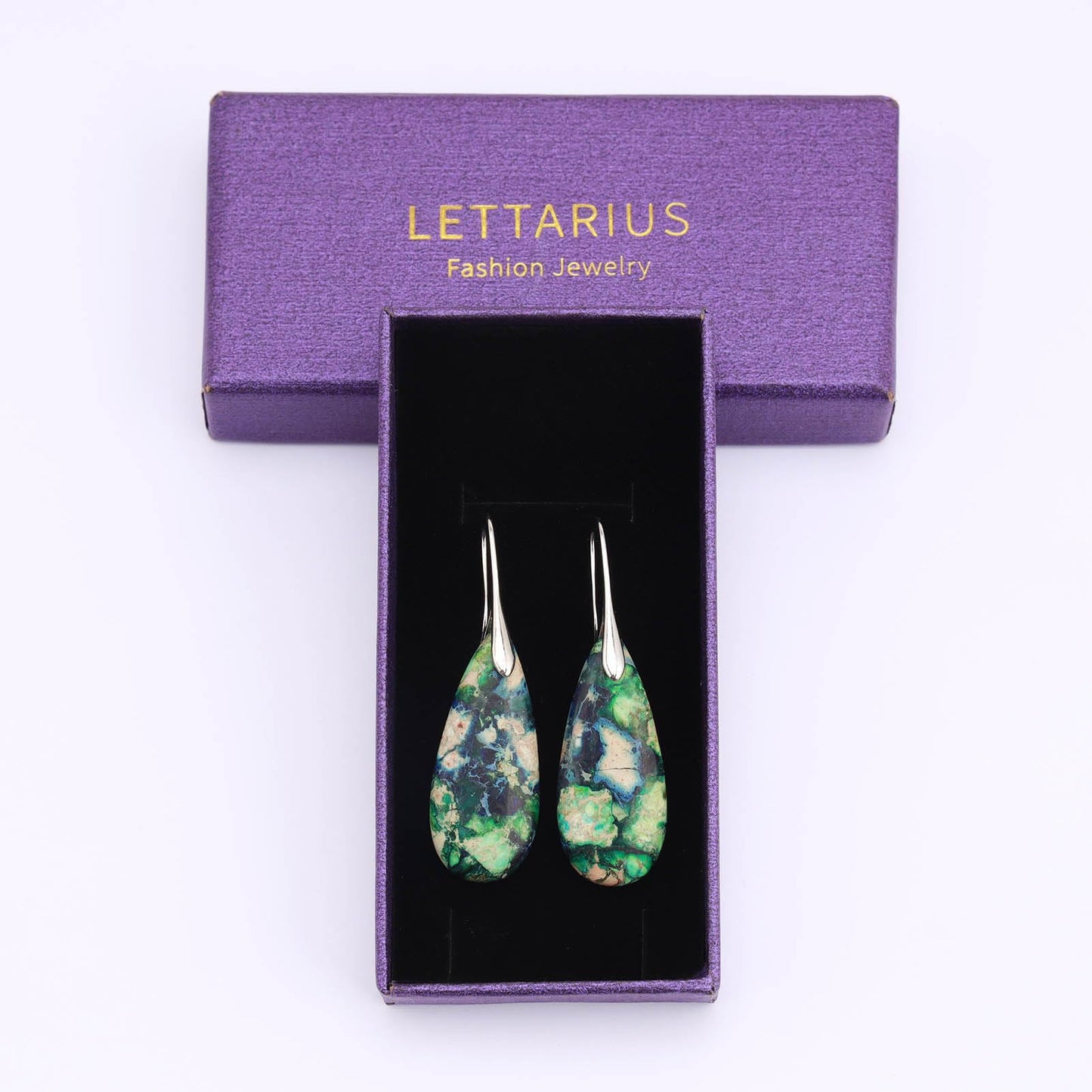 Lettarius Natural Crystal Healing Moon Stone Drop Earrings for Women Sea Sediment Rock Teardrop Birthstone Green Quartz Dangle Silver Plated Jewelry