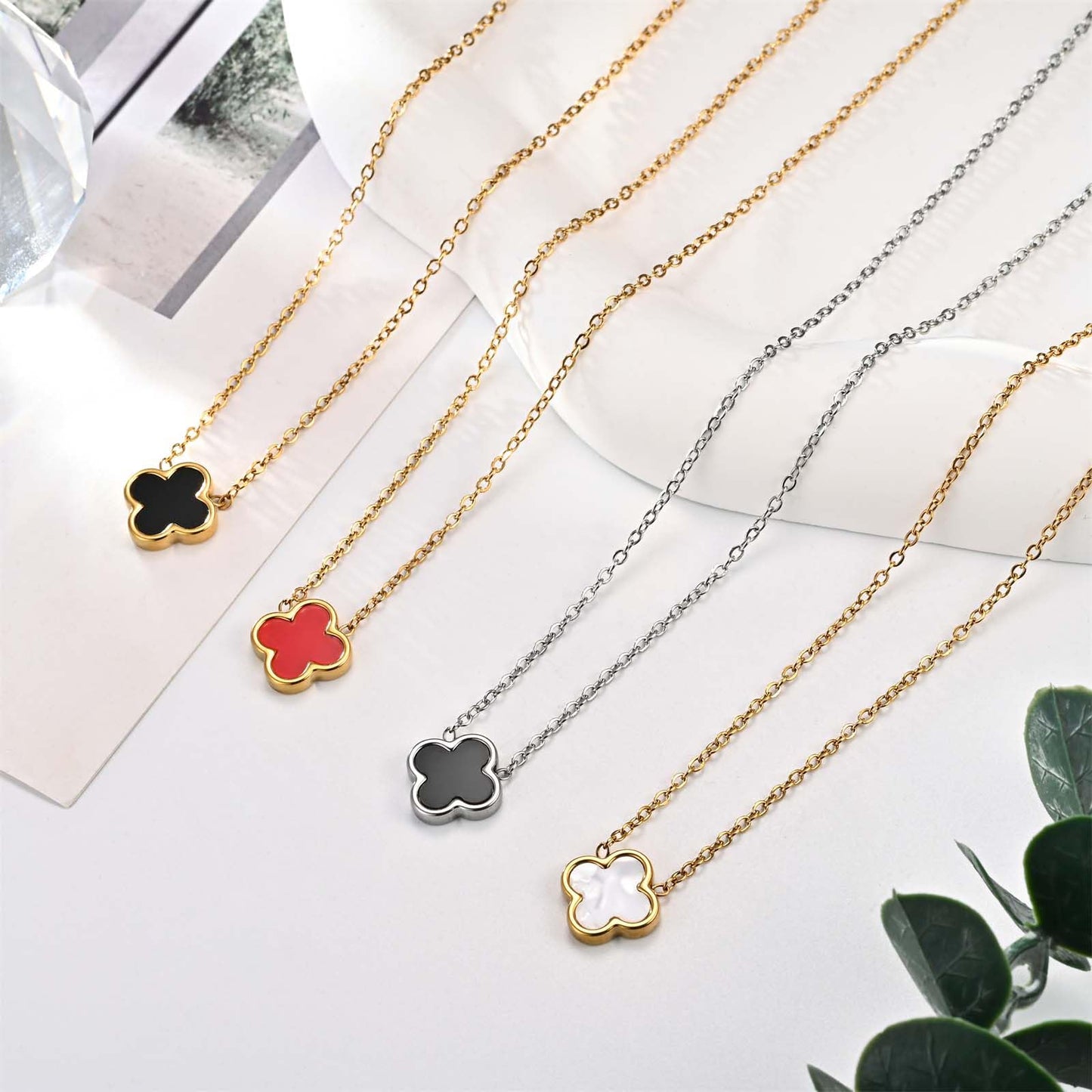 KYJAC Clover Necklace and Stud Earrings Jewelry Set White Black Red Clover Pendant Necklace 18k Gold Plated Four Leaf Clover Necklace Earrings Set Gifts for Women (Gold White Set)