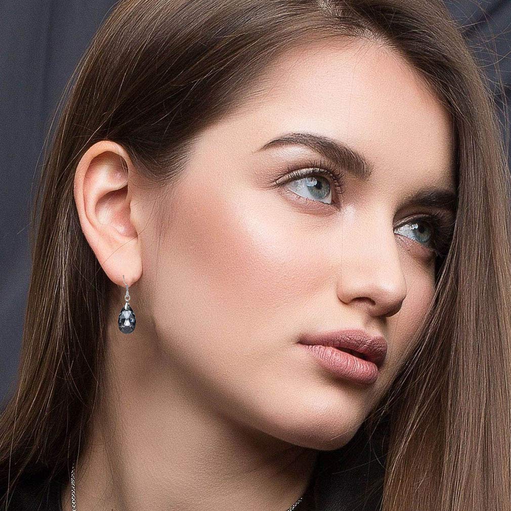 Austrian Crystal Teardrop Dangle Earrings for Women Drop Hook Earring 925 Sterling Silver Hypoallergenic Jewelry (Grey-Black)