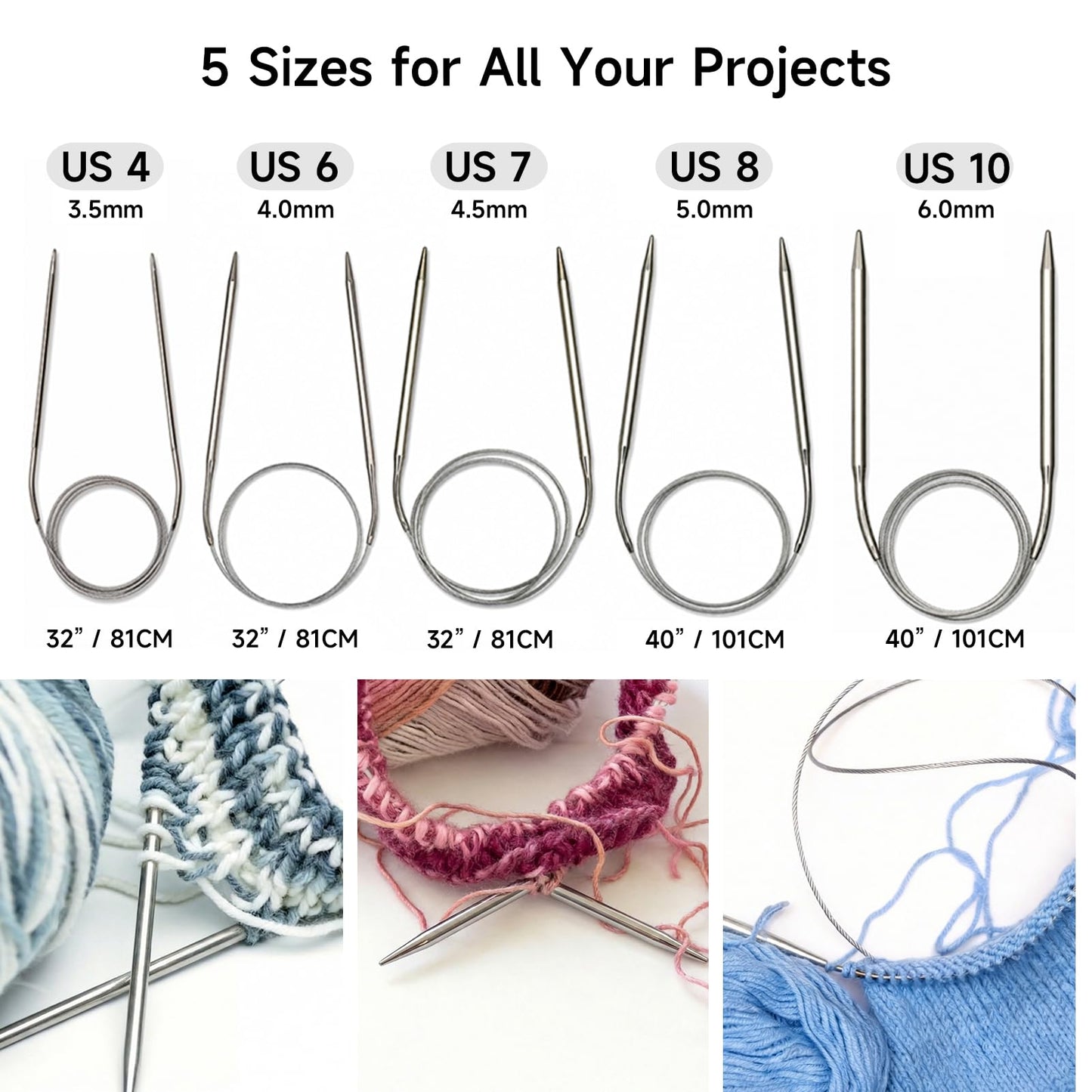 YLAZIION Size US 10 Circular Knitting Needles 6.0mm, 40 Inch Extra Long Stainless Steel Knitting Needle, Ergonomic Metal Circle Needle for Chunky Yarn Bulky Projects, 101 cm