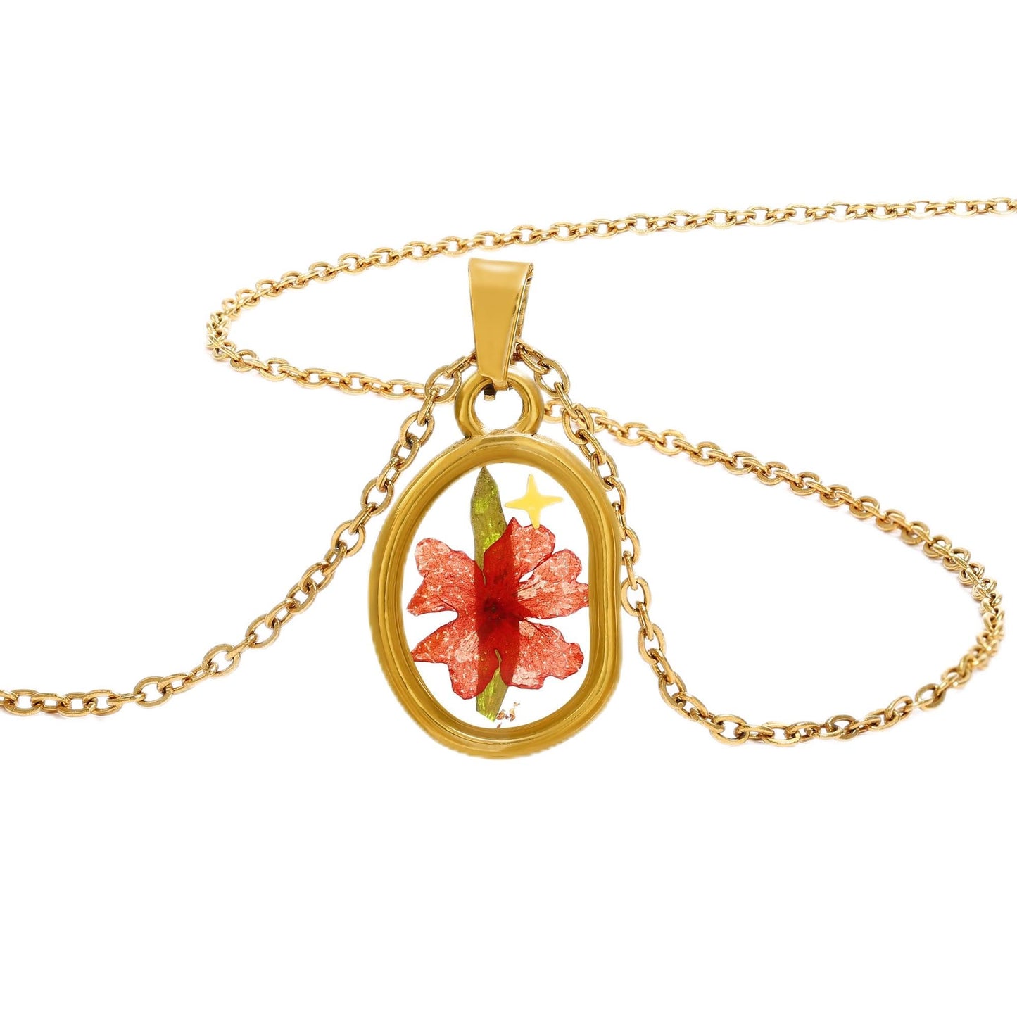 LETFLY Birth Flower Necklaces for Women, 18K Gold Plated Oval Shaped Handmade Floral Pendant, Pressed Flower Necklace Jewelry Gifts Prosperity