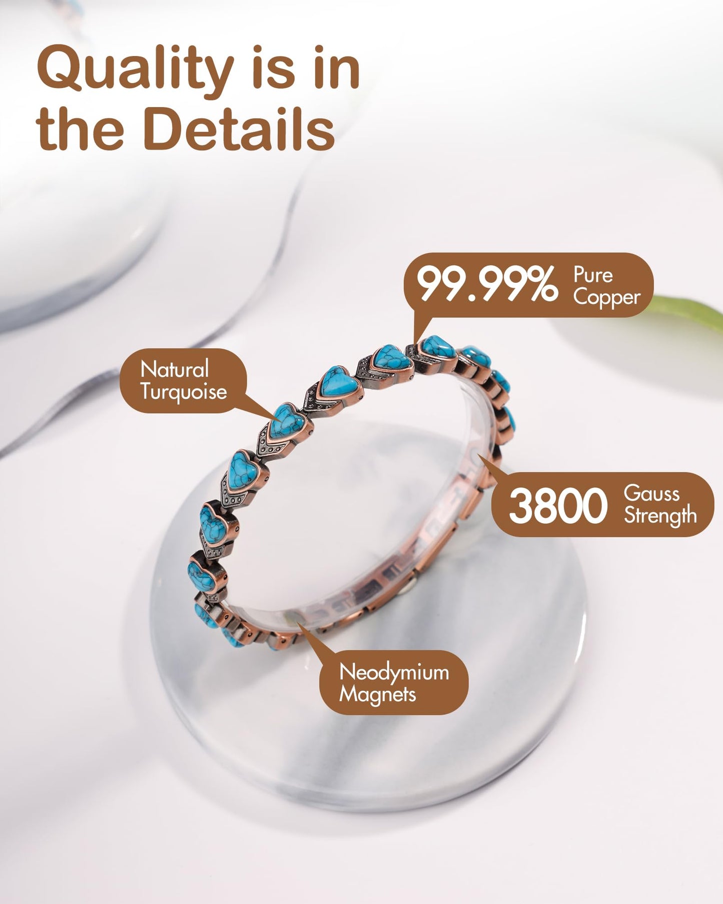 Feraco Pure Copper Bracelets for Women, Ultra Strength Magnetic Bracelet with 3800 Gauss Magnets & Natural Turquois, Adjustable Jewelry