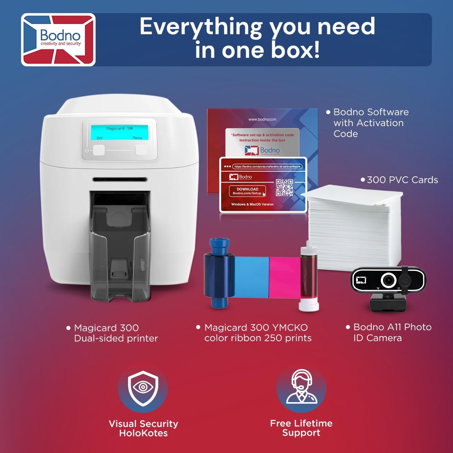 Bodno Magicard 300 Dual Sided ID Card Printer & Complete Supplies Package ID Software - Bronze Edition