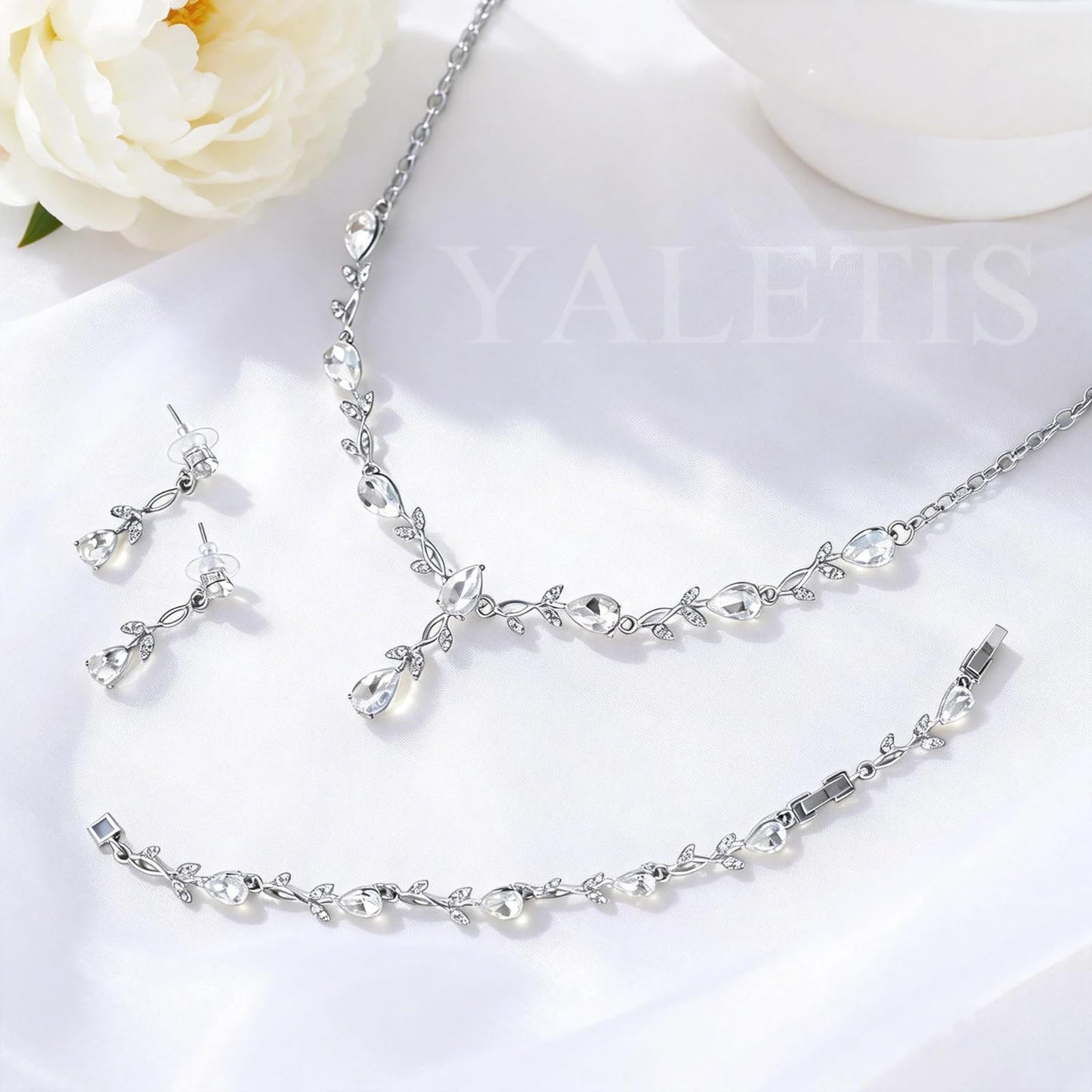 Yaletis Bridal Cubic Zirconia Jewelry Set for Women – Silver Plated Necklace, Earrings & Bracelet Wedding Jewelry Set, Allergy Free Sparkling CZ Set for Brides, Bridesmaids Party Occasions