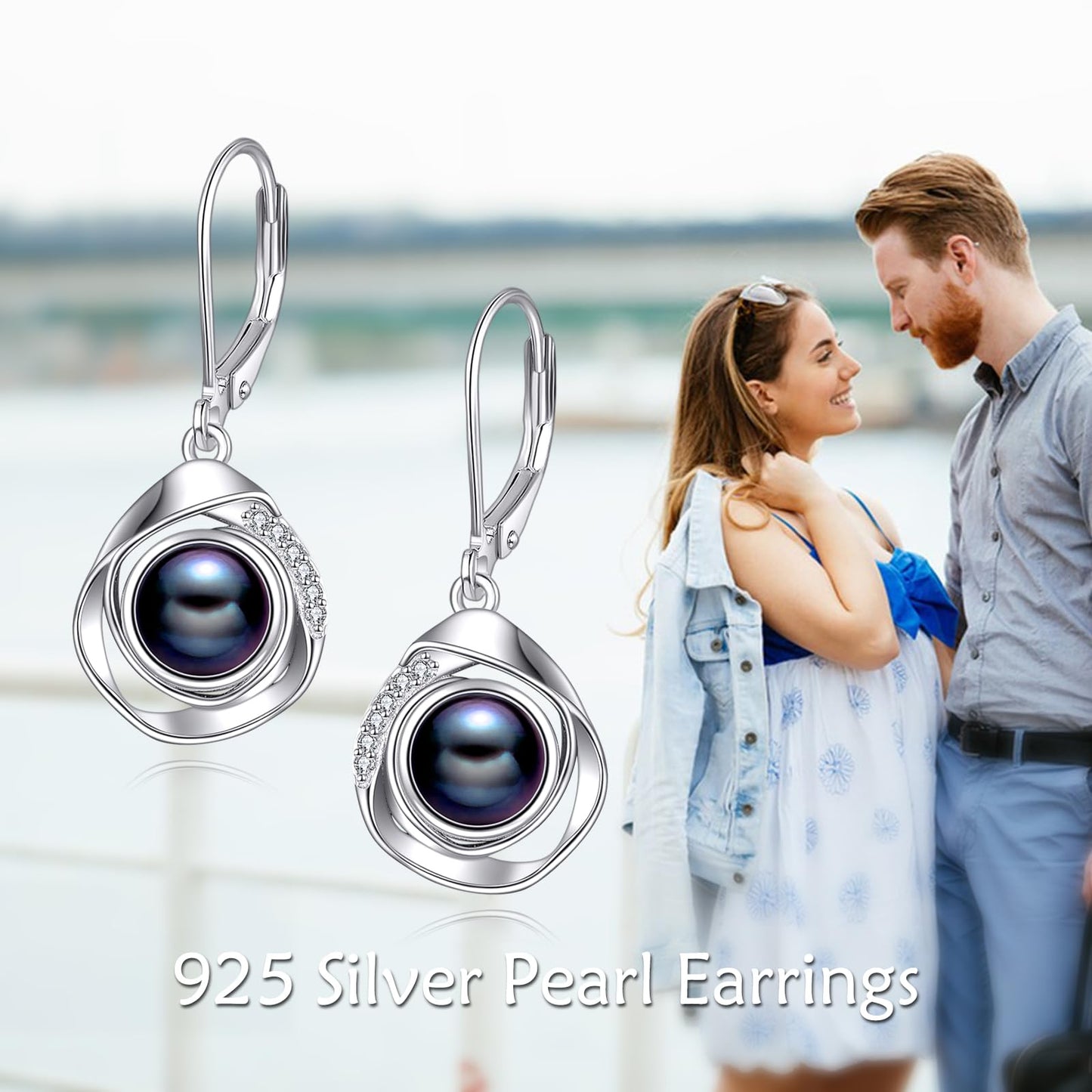 925 Sterling Silver Black Pearl Leverback Earrings Dangle Drop Jewelry Gifts for Women (Black Pearl)