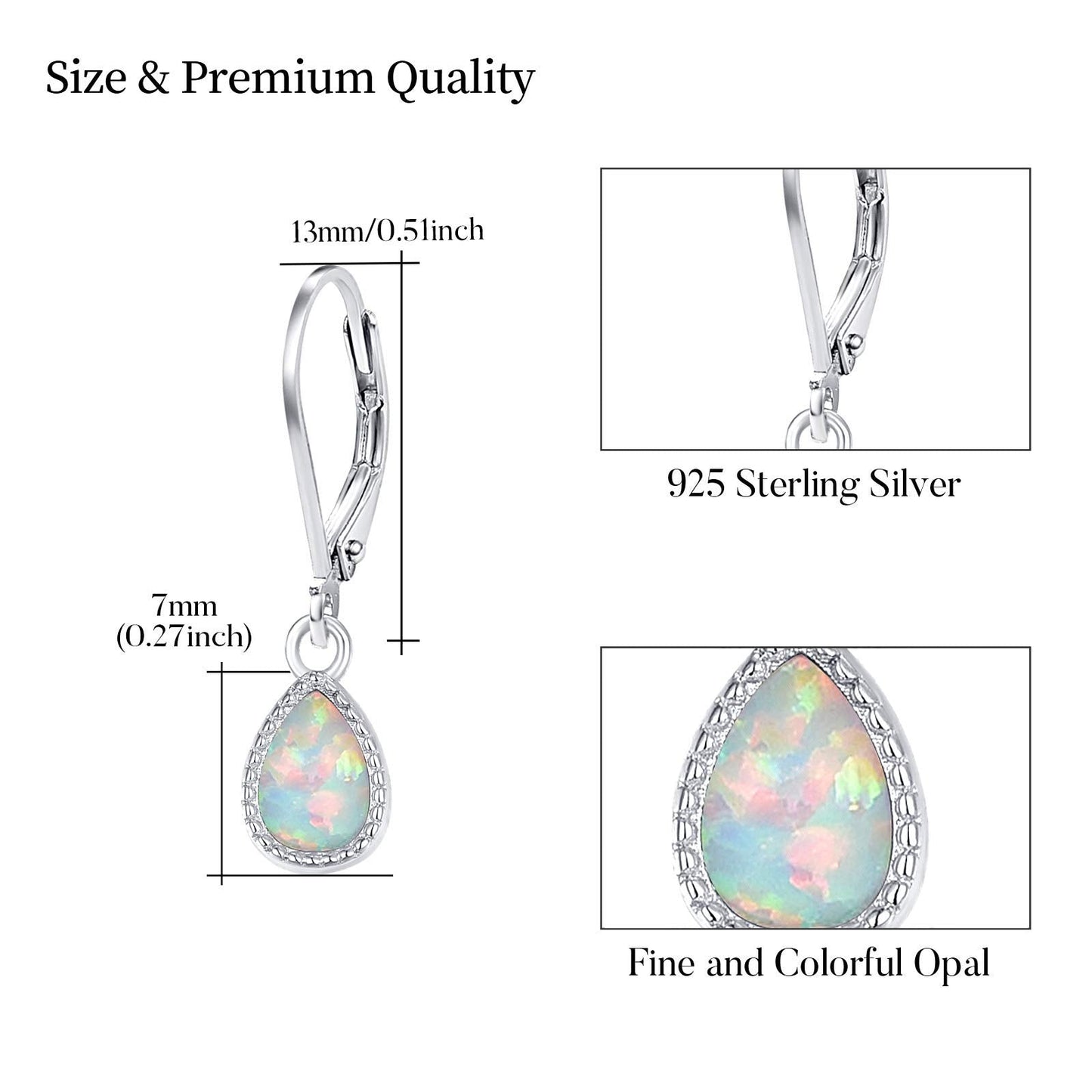 Teardrop Leverback Drop Dangly Safety Earrings, 925 Sterling Silver Opal Jewelry Valentine Gift for Women Girlfriend Daughter with Gift Box