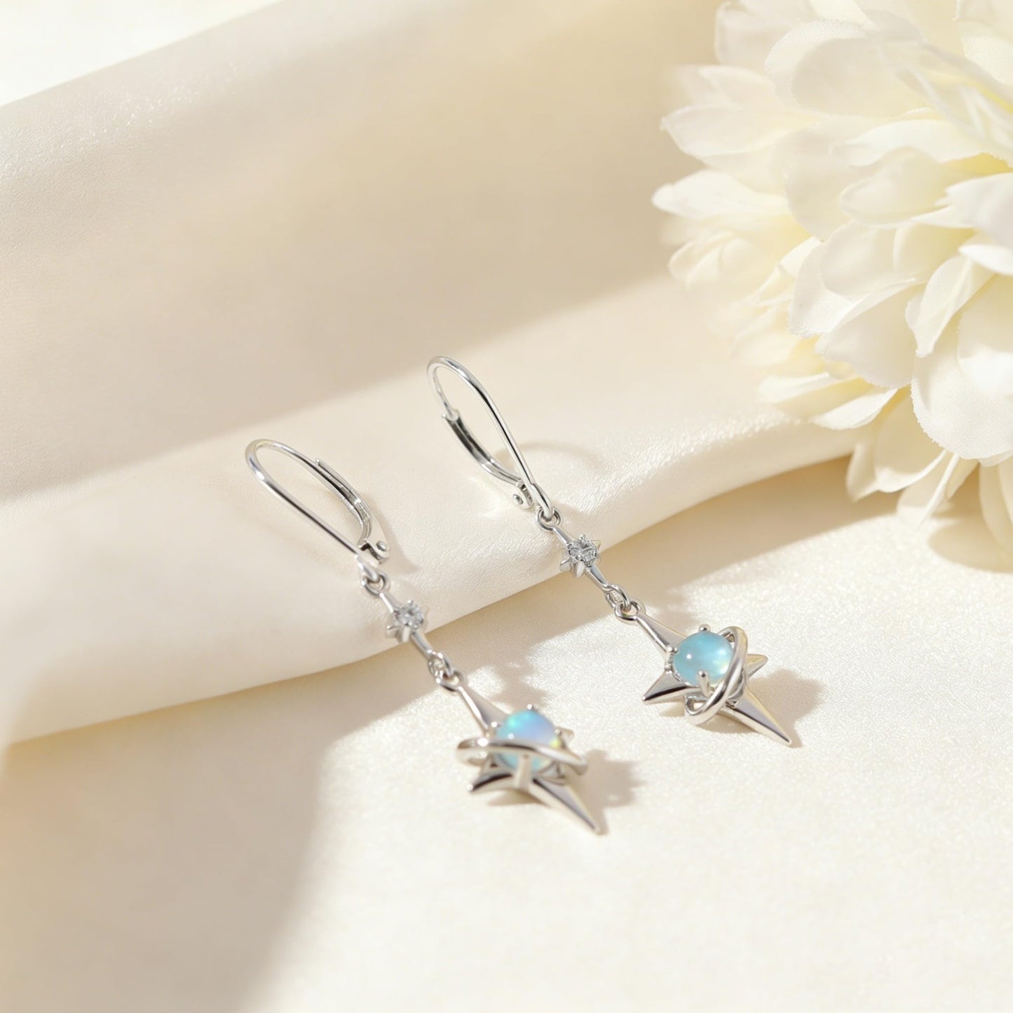 North Star Earrings 925 Sterling Silver Star Dangling Drop Earrings with Moonstone Jewelry Gifts for Women