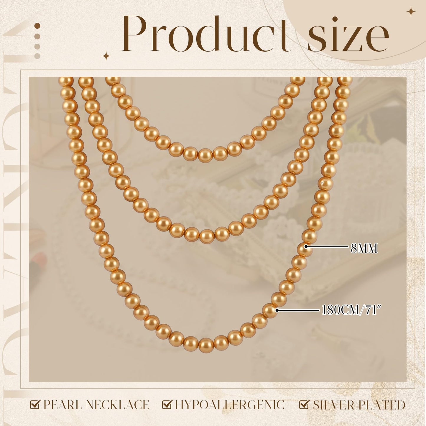 Aurelema 2 Pack Long Pearl Necklace for Women 1920s Costume Party Jewelry Faux Pearls Strand Beads for Ladies(70 Inches,8 mm,Glass,Gold)