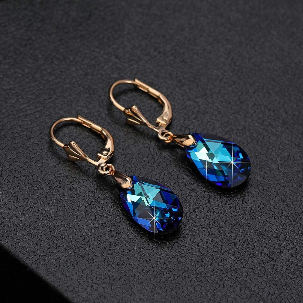 Austrian Crystal Teardrop Leverback Dangle Earrings for Women Fashion 14K Gold Plated Hypoallergenic Jewelry (Bermuda Blue)
