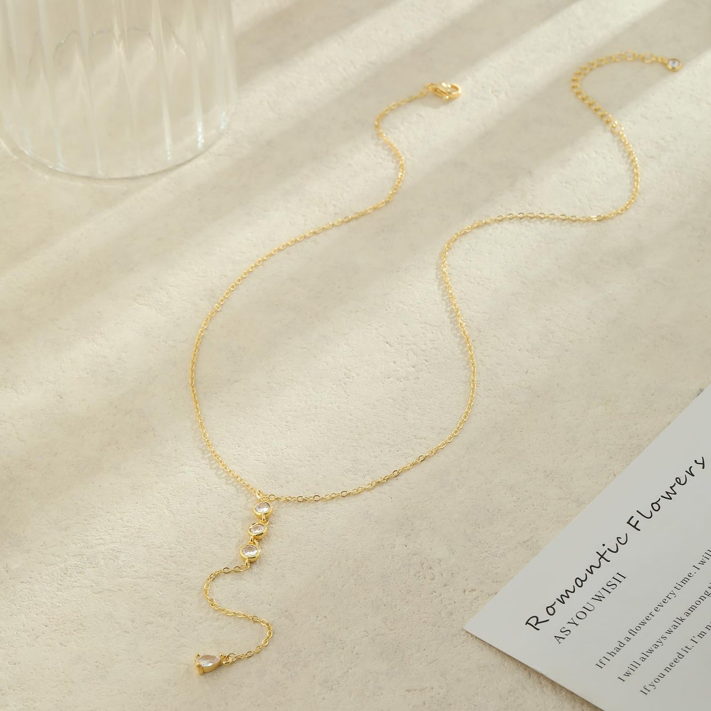 JIKASI Gold Necklaces for Women, Dainty Long Necklace Gold Y-Shaped Body Chain Pendant Necklaces Long CZ Beaded Chain Choker Drop Necklaces Wedding Jewelry Gifts