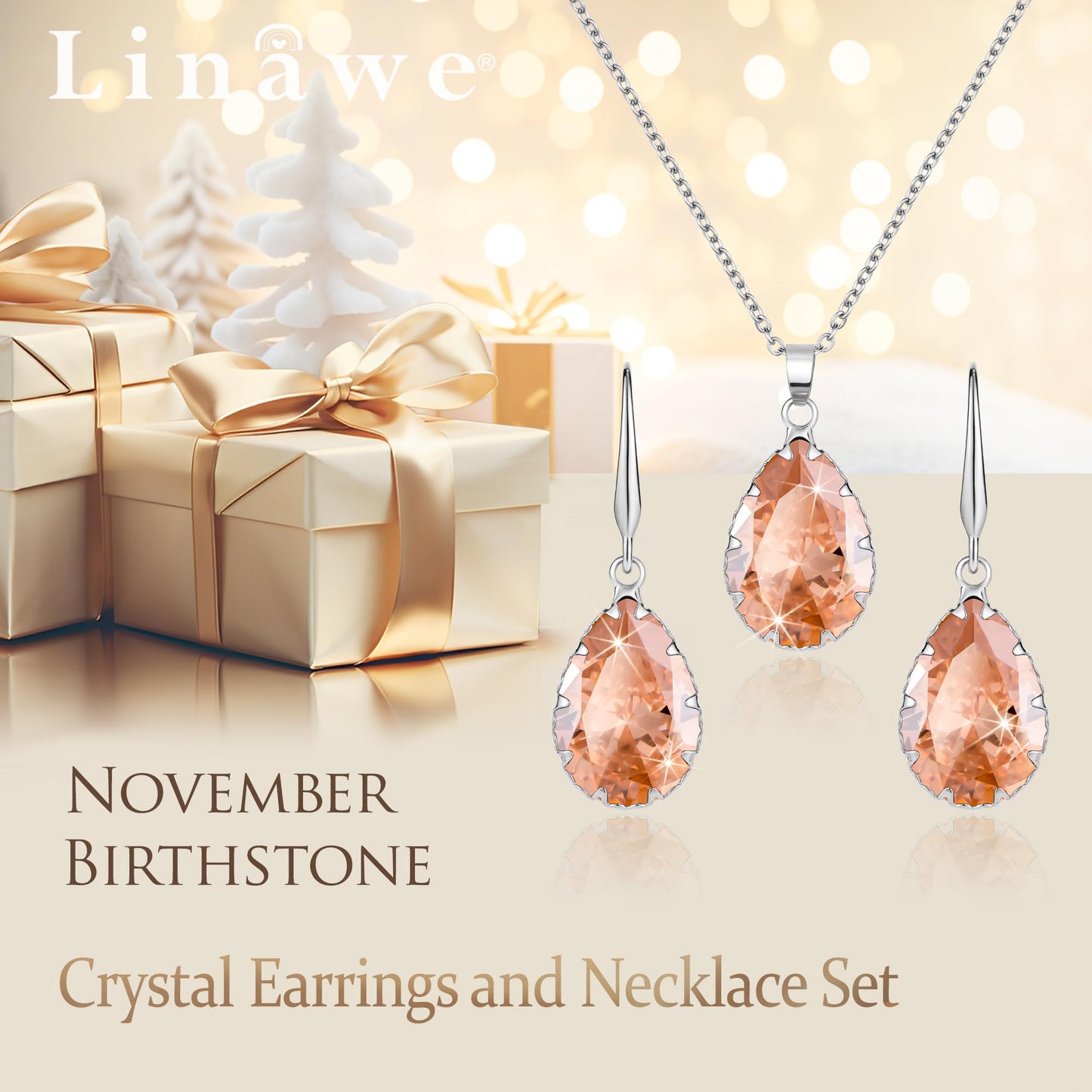 Linawe Citrine Crystal Jewelry Sets for Women, Yellow Imitation Diamond Pendant Necklace, Rhinestone Drop Dangle Teardrop Earring Set, Birthstone Cubic Zirconia Matching Wedding Jewelry Silver