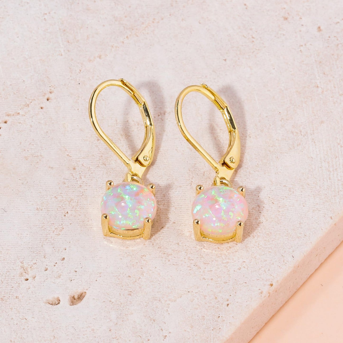CiNily Round-Cut Opal Dangle Earrings for Women Hypoallergenic Pink Purple Fire Opal Rhodium Plated Leverback Gemstone Drop Earrings Jewelry Gift for St Patrick's Day Easter Mother's Day Graduation