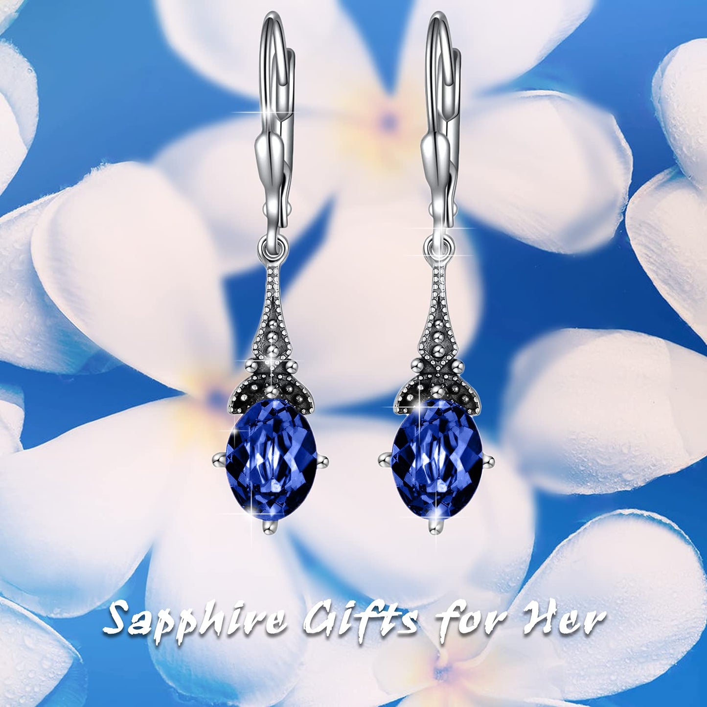 Sapphire Blue Vintage Leverback Earrings Sterling Silver Retro Drop Earrings with Oval Simulated September Birthstone Crystal from Austria, Birthday Jewelry Gifts for Women