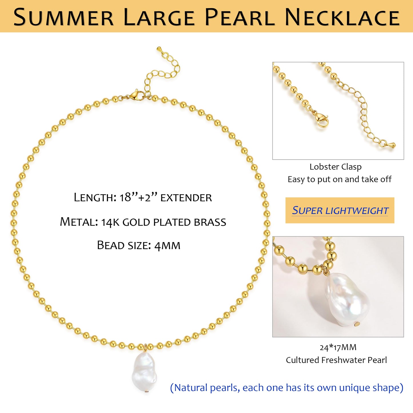 Large Natural Baroque Pearl Pendant Necklace for Women Dainty 14K Gold Plated Beaded Chain Dangling Handpicked Freshwater Cultured White Single Pearl Necklace Fashion Jewelry Gift 18''