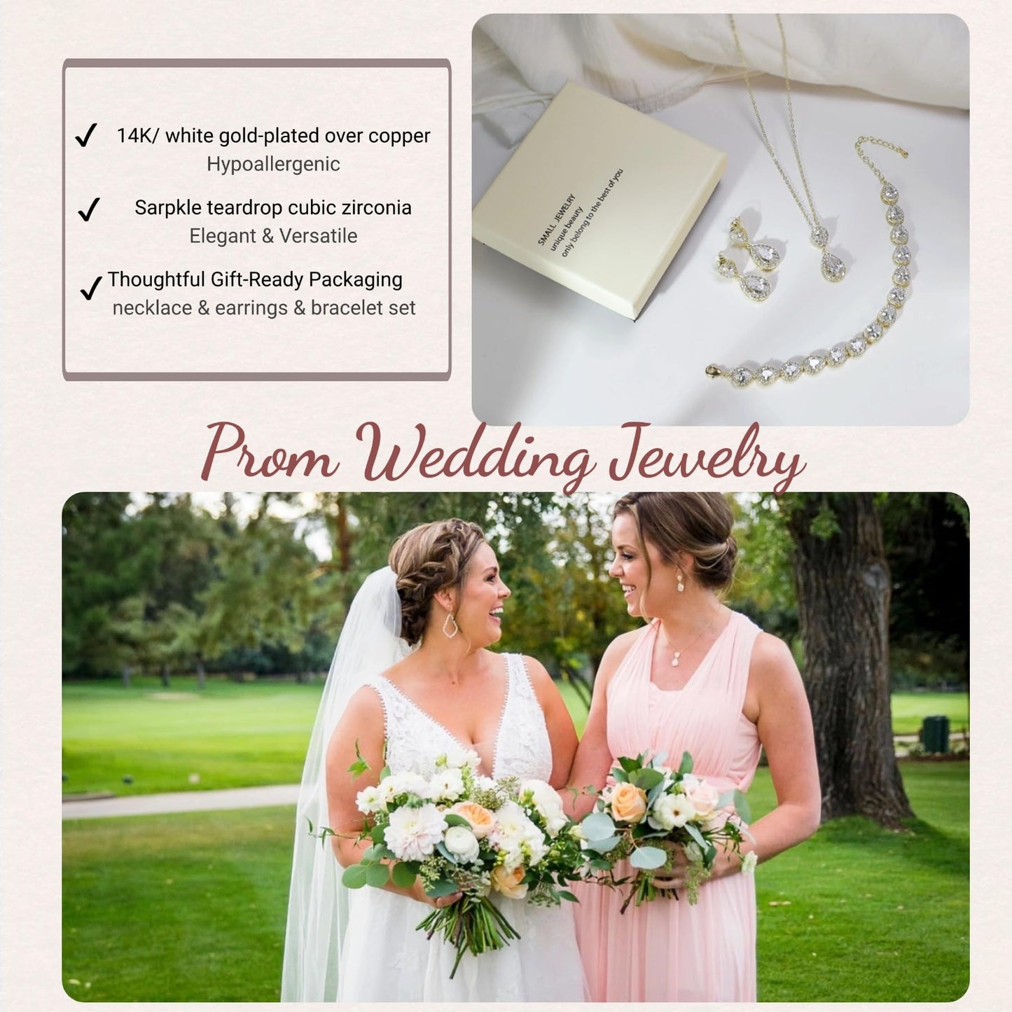 UDYLGOON Elegant Bridal Jewelry Set for Bride Bridesmaid Wedding Prom Teardrop Necklace Earrings Bracelet Set (Gold Plated)